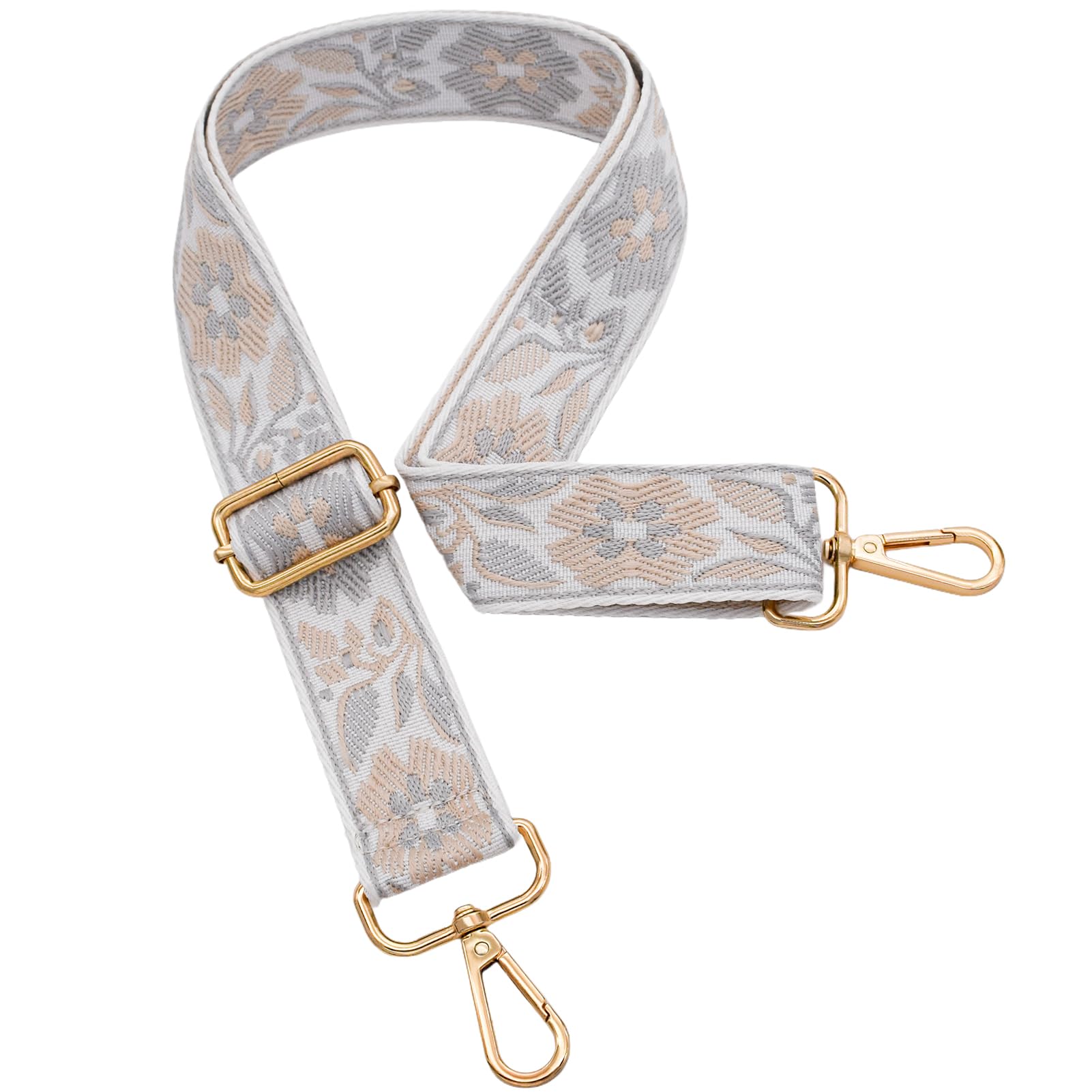 ROYGBCP Replacement Purse Strap Shoulder Strap Adjustable Crossbody Strap for Women Crossbody Wide Shoulder Bag, White Floral-gold Metal, 1.5 inches (width) x 28"~50" (length), Modern
