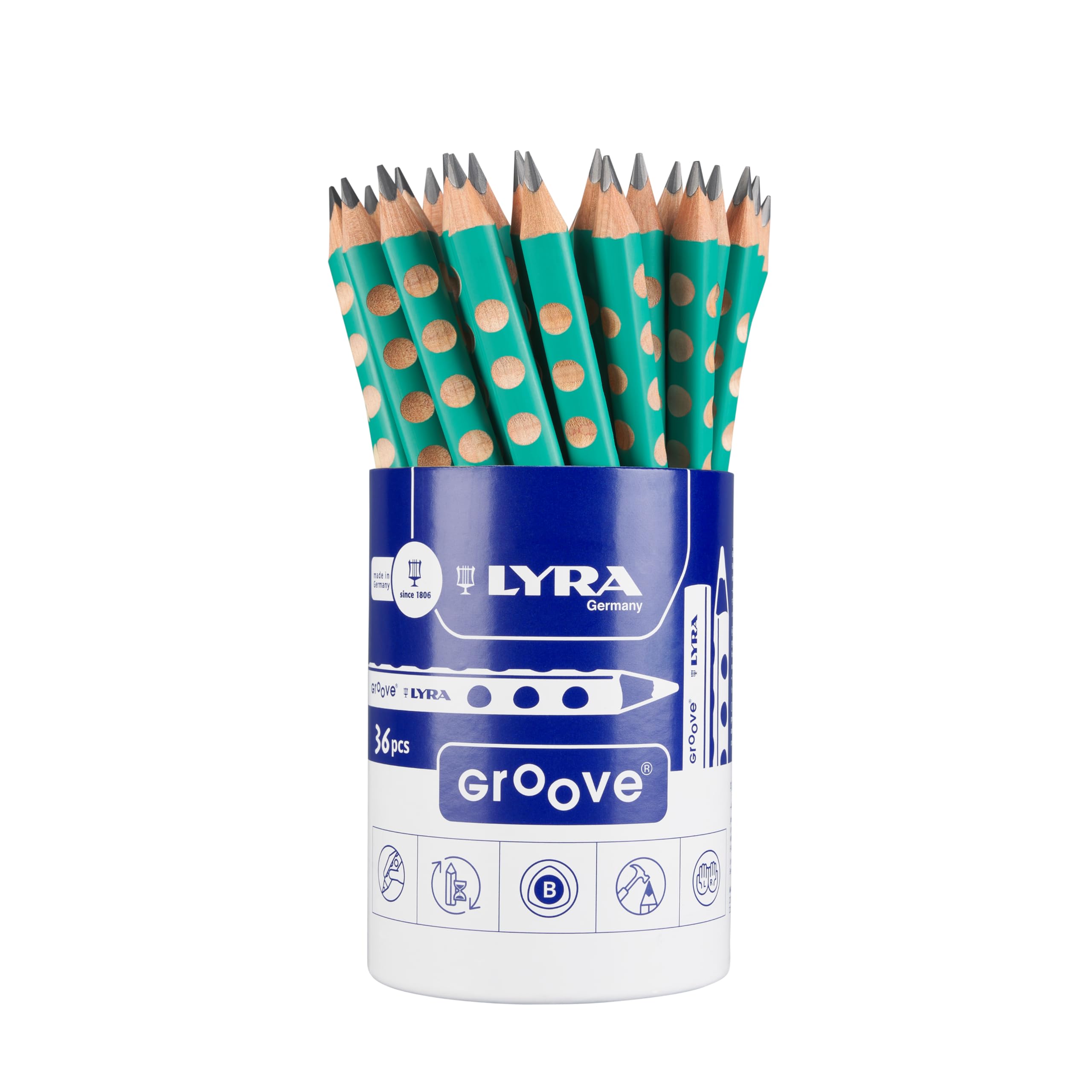 LYRA Groove Graphite, Lápices de grafito ergonómicos, triangulares, mina 4,3mm, Bote de cartón, B, lacado turquesa, 36 unidades