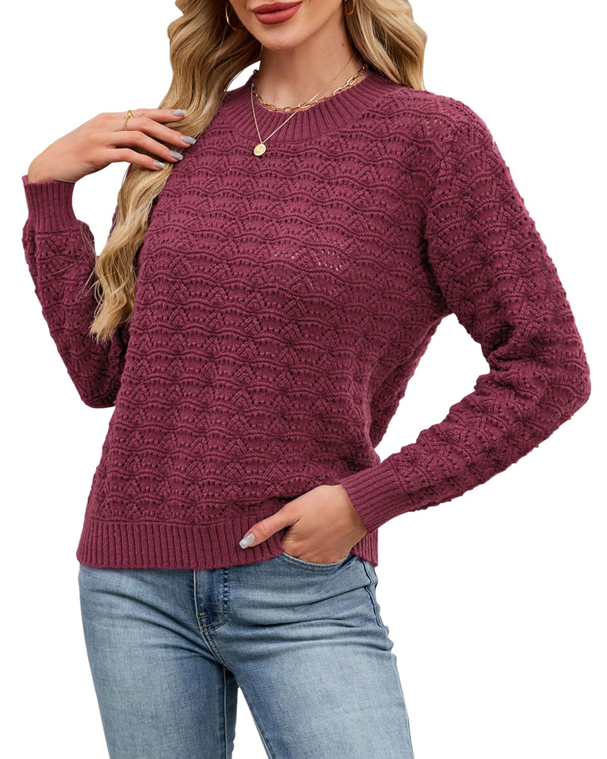 Quatrefox Pullover Damen Winter Pulli Rundhals Langarm Leicht Strickpullover Casual Herbst Winterpullover Wellenmuster Grobstrickpullover Oberteile Elegant Strickwaren