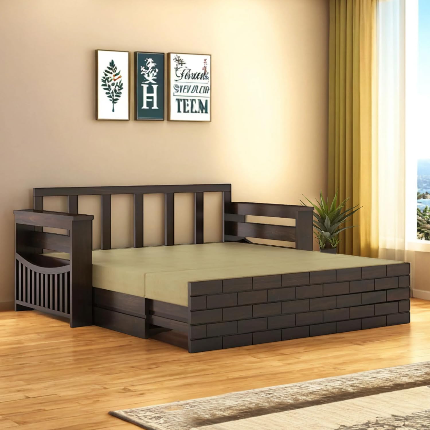 Wooden Sofa Cum Bed for Living Room | Solid Sheesham Wood Convertible 3 Seater Diwan Sofa Bed with Pull-Out Storage Armrest | Folding Double Bed for Home, Guest Room & Office | Walnut Finish