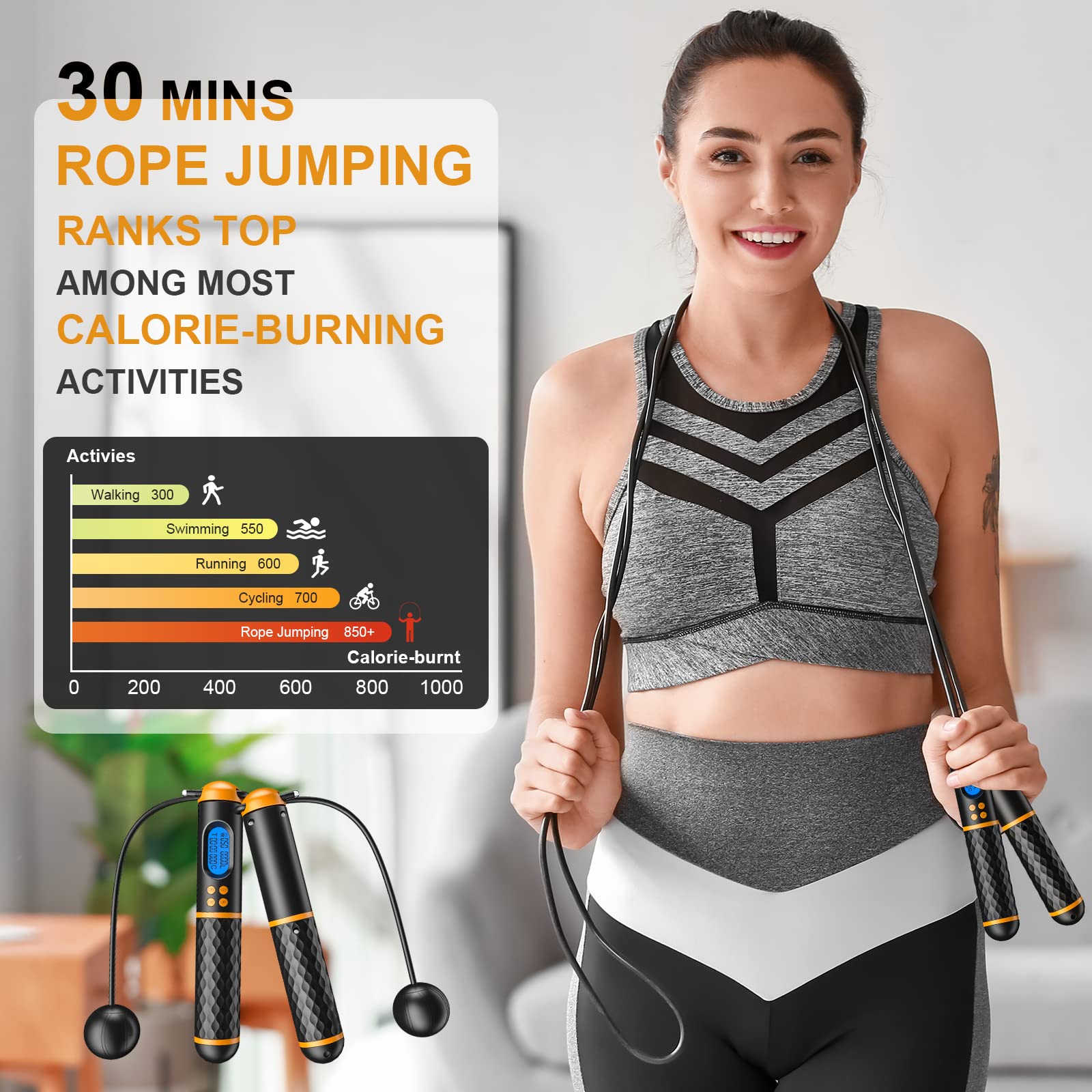 Intelligentes Springseil, Fitness-Springseil mit Gewicht/Runden/Zeit/Kalorienaufzeichnung, verstellbar, digital, für Zuhause, Fitnessstudio, schnurloses Springseil für Männer und Frauen und Kinder, Fitness-Training