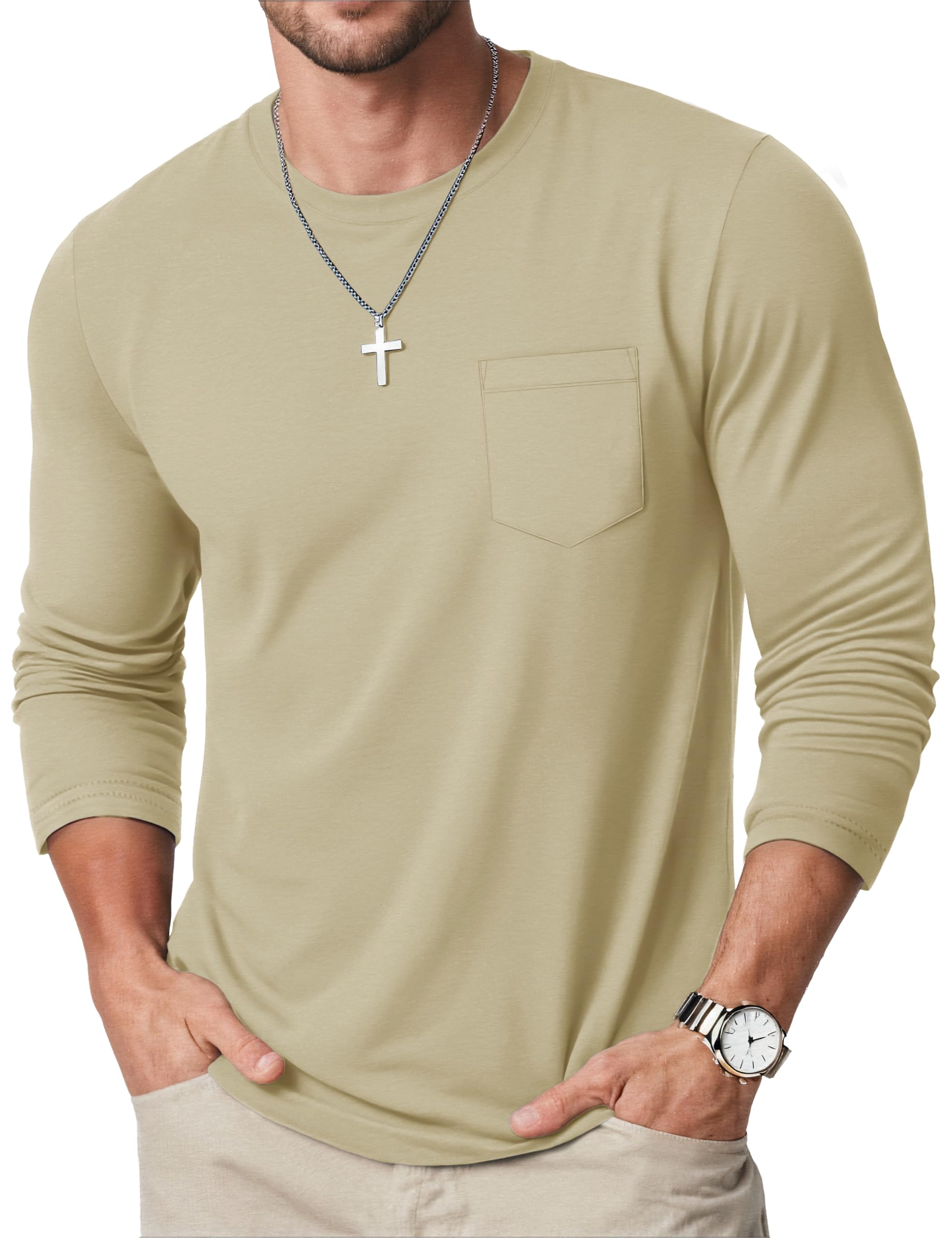MAGCOMSEN Langarmshirt Herren Longsleeve Shirt Langarm Baumwolle Atmungsaktive Tshirt mit Tasche Freizeit Basic Rundhals