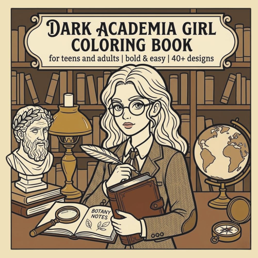 Dark Academia Girl Coloring Book: Bold and Easy Aesthetic Designs for Teens and Adults | Cute Gothic, Vintage Literature & Cozy Library Illustrations for Relaxation