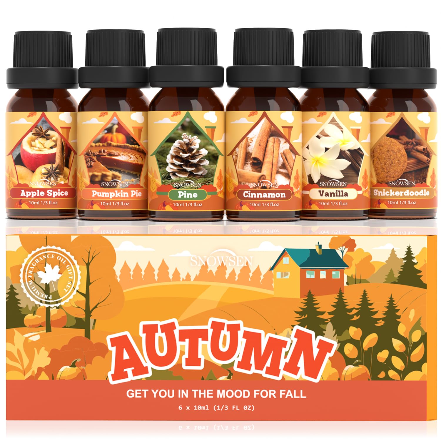 Autumn Essential Oil Set, Essential Oils for Diffusers for Home, Fall Fragrance Oil Kit- Vanilla, Cinnamon, Apple Spice, Pumpkin Pie, Pine, Snickerdoodle for Aromatherapy, Candle Making