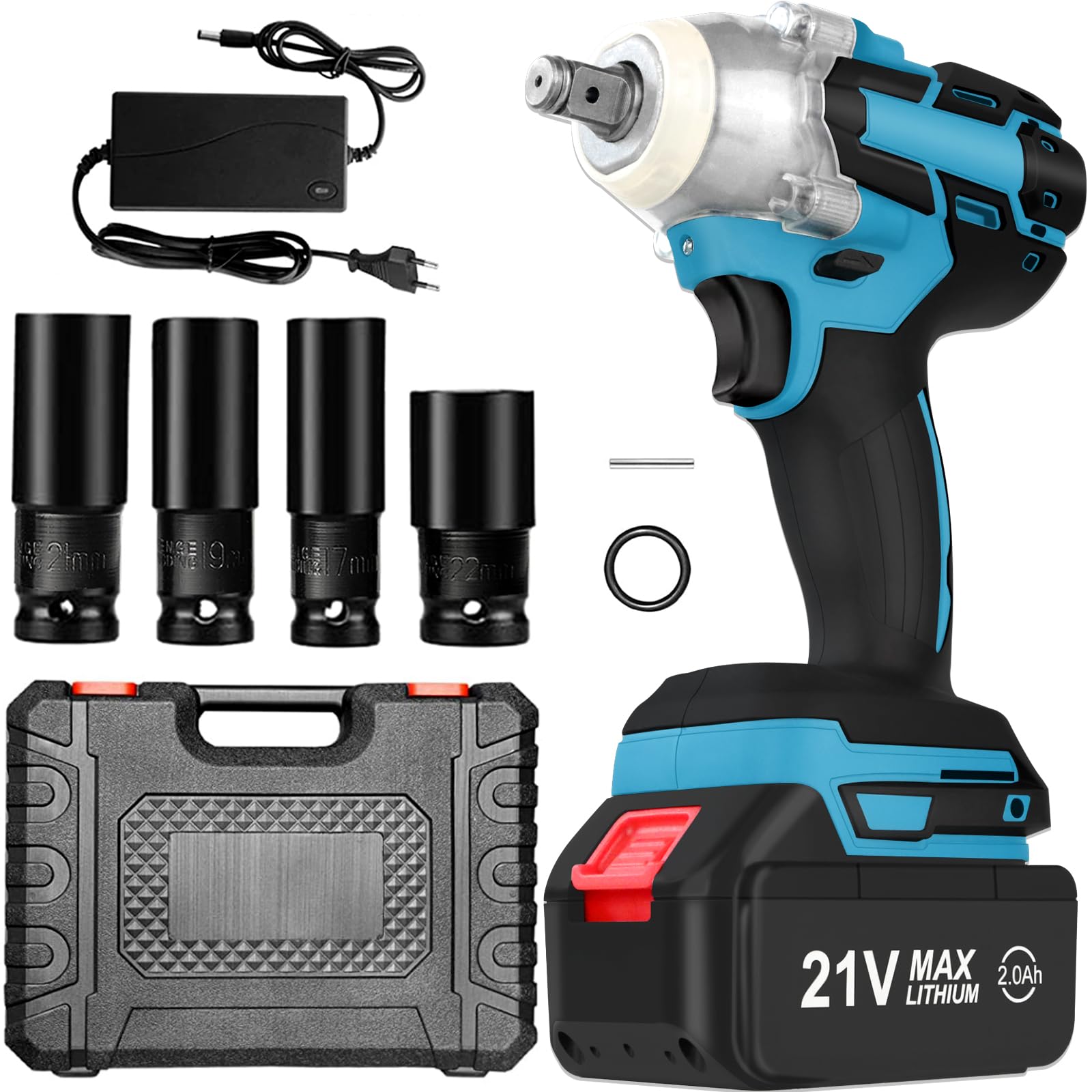 Clé à Chocs électriques,320 N·m Clé à Chocs Sans Fil Brushless avec 2.0Ah Batterie 21V 4 Douilles à Chocs (17 mm/19 mm/21 mm/22 mm)，Pour le changement de pneus, le serrage et le démontage de boulons