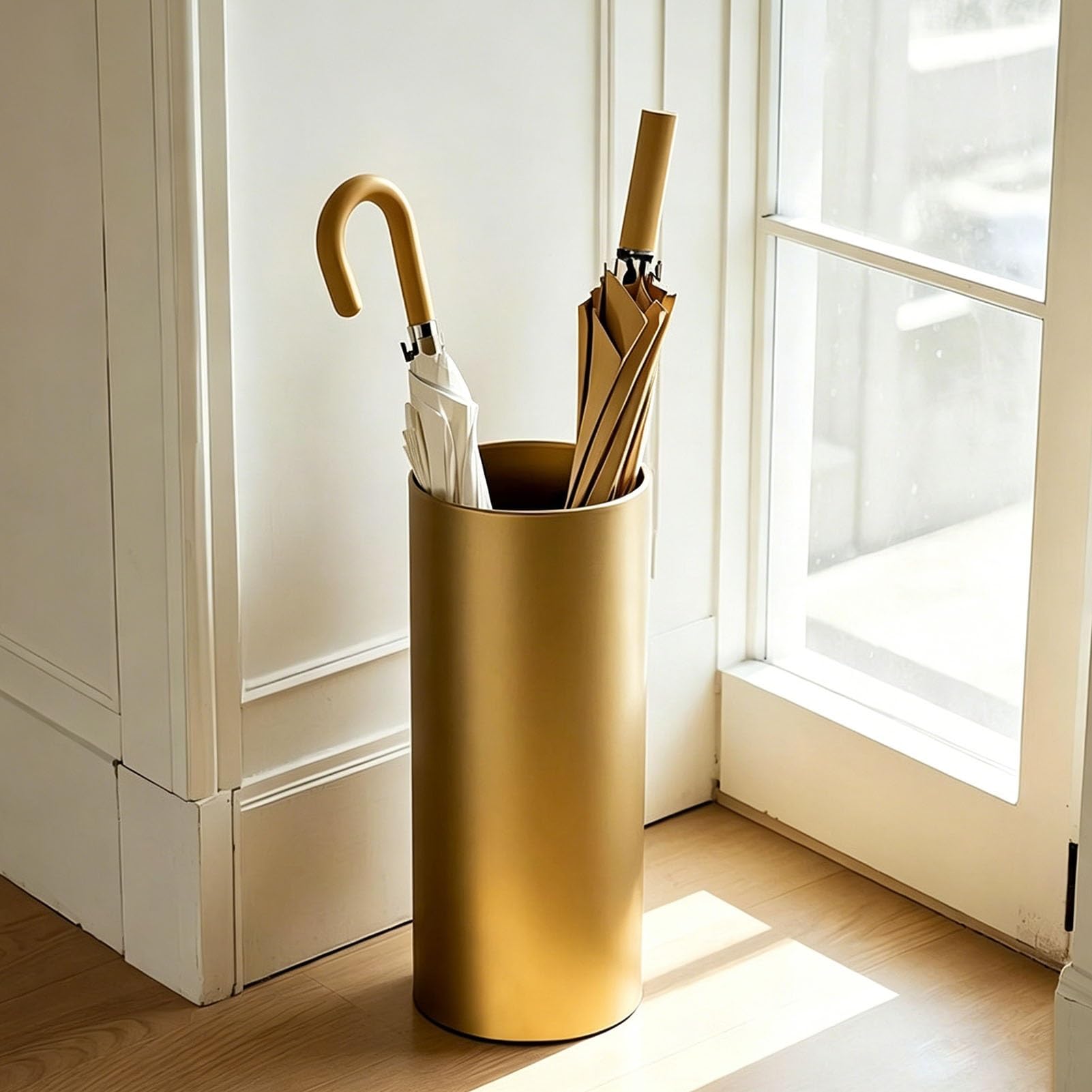 Hamankim Modern Tall Round Umbrella Bucket | White/Black/Gold Freestanding Umbrella Rack | Space Saving Umbrella Organizer for Home Entryway, Office, Commercial Hotel Lobby(Gold)