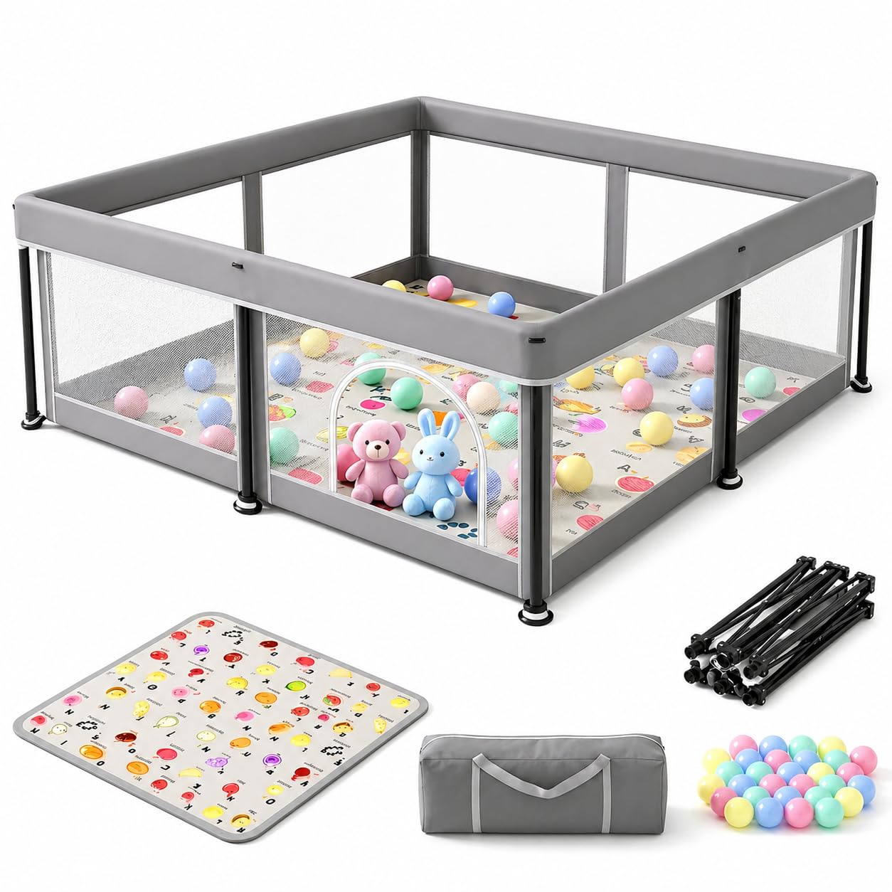 Corralito plegable para bebés con alfombrilla lavable a máquina y pelotas de piscina de bolas, gran parque de juegos portátil para niños pequeños, valla de seguridad resistente con montaje en 1 minuto