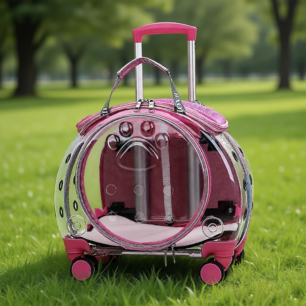 Pet Trolley Case, Convenient Portable Cats Dogs Backpack, with Clear Ventilation Holes, Silent Wheels and Telescopic Rod, for Travel. Pink