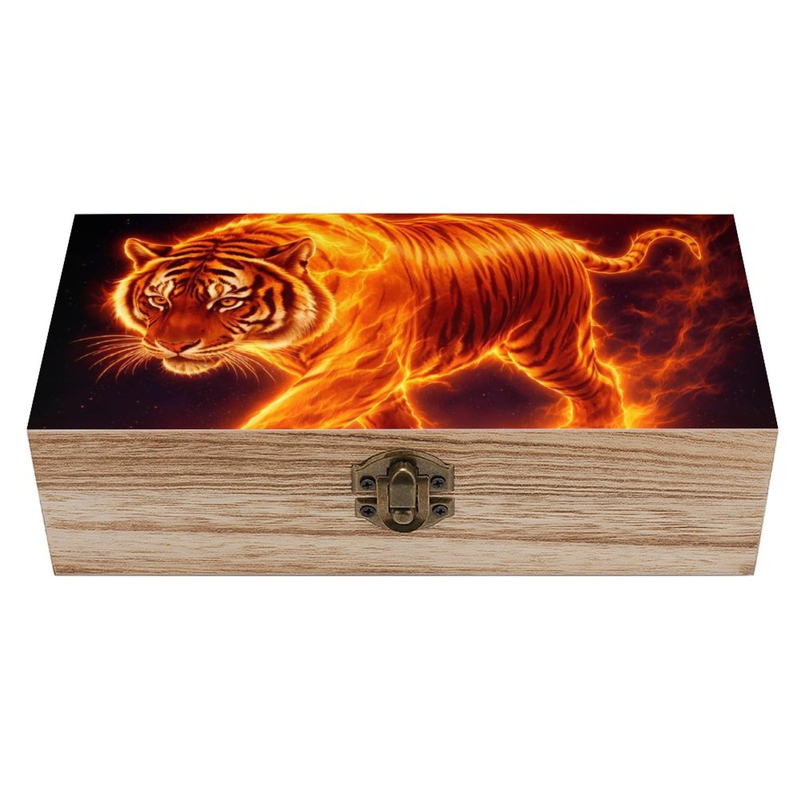 SMAZDFXX Wild Angry Animal King Fire Flame Tiger Wooden Storage Box With Hinged Lid Decorative Front Clasp Keepsake Boxes