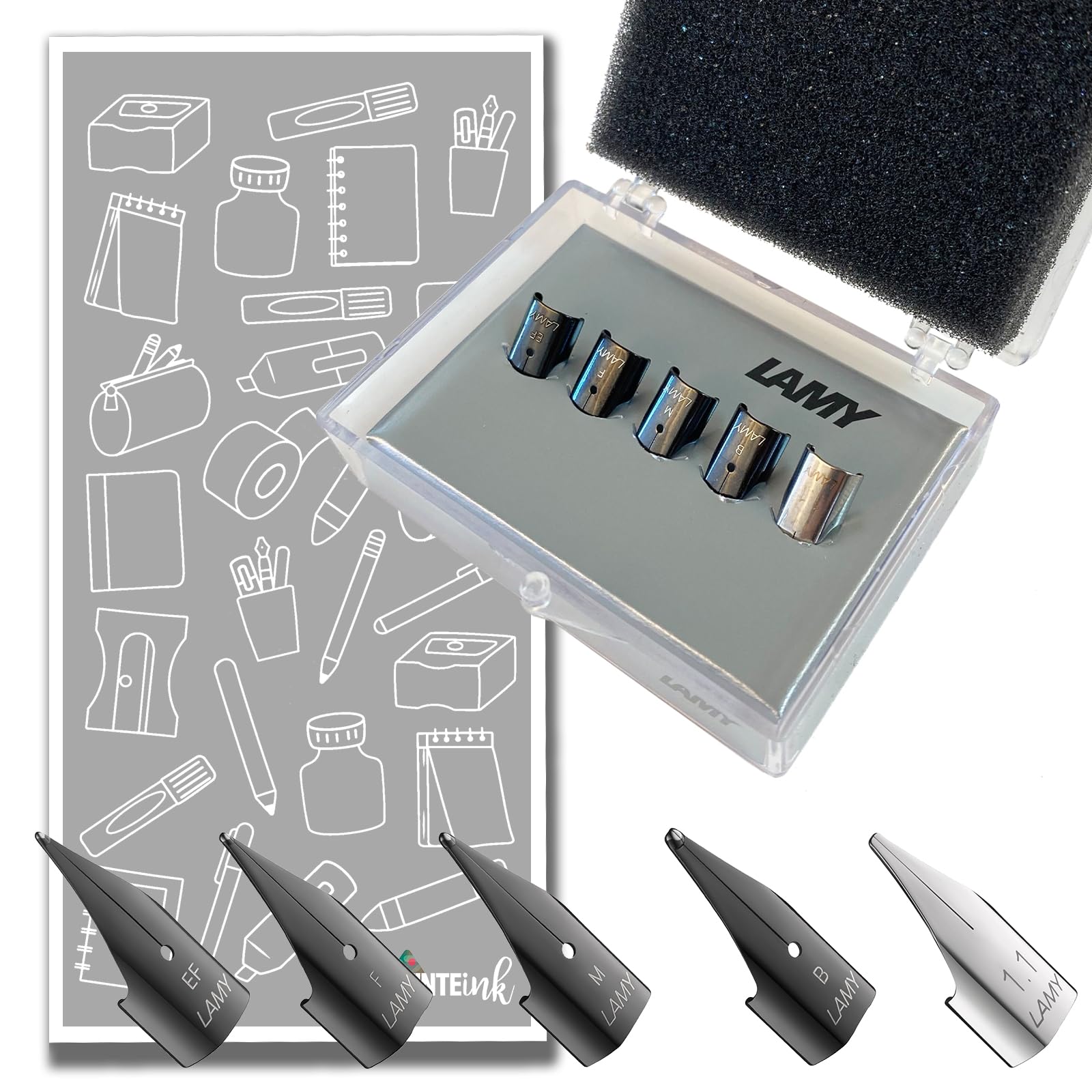Lamy Safari Nib Kits - Polished & Black Stainless Steel: Choose 5 Nibs (XF, F, M, B, 1.1mm) or 3 Nibs (XF, F, B) - Protective Box Included! (5 Black Stainless Steel Nib Collection)