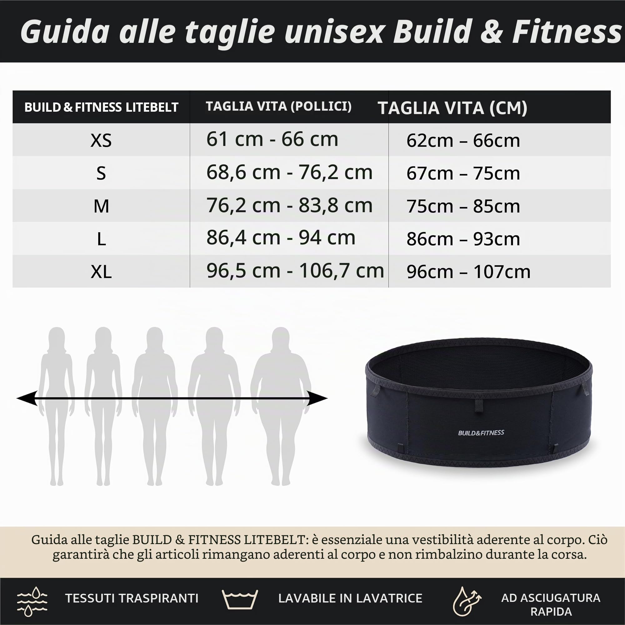 Build & Fitness LiteBelt Cintura da corsa - 4 tasche ad accesso rapido dall'alto - Marsupio super leggero, sottile, supporto per telefono da corsa - GU di tutte le dimensioni - per uomo e donna, L