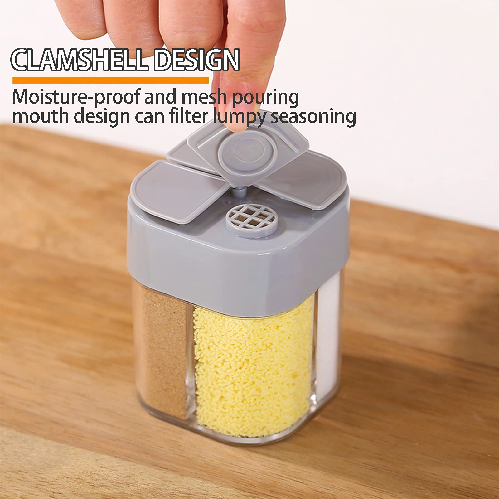 GrHE - Set di 2 saliera e pepe, creativi, quattro in uno, con scomparto a conchiglia per condimenti, per barbecue, a prova di umidità, con coperchio in plastica grigia e shaker visivi