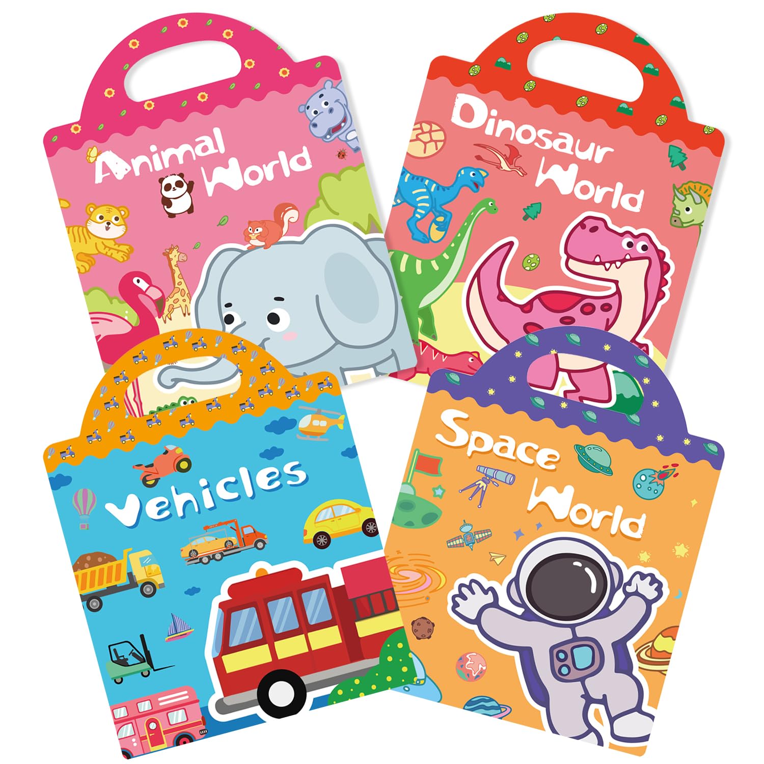Sticker Book (versione aggiornata) Confezione da 4 adesivi riutilizzabili per bambini, tema dinosauri + animali + spazio + veicoli, adatti a bambini di età superiore ai 2 anni