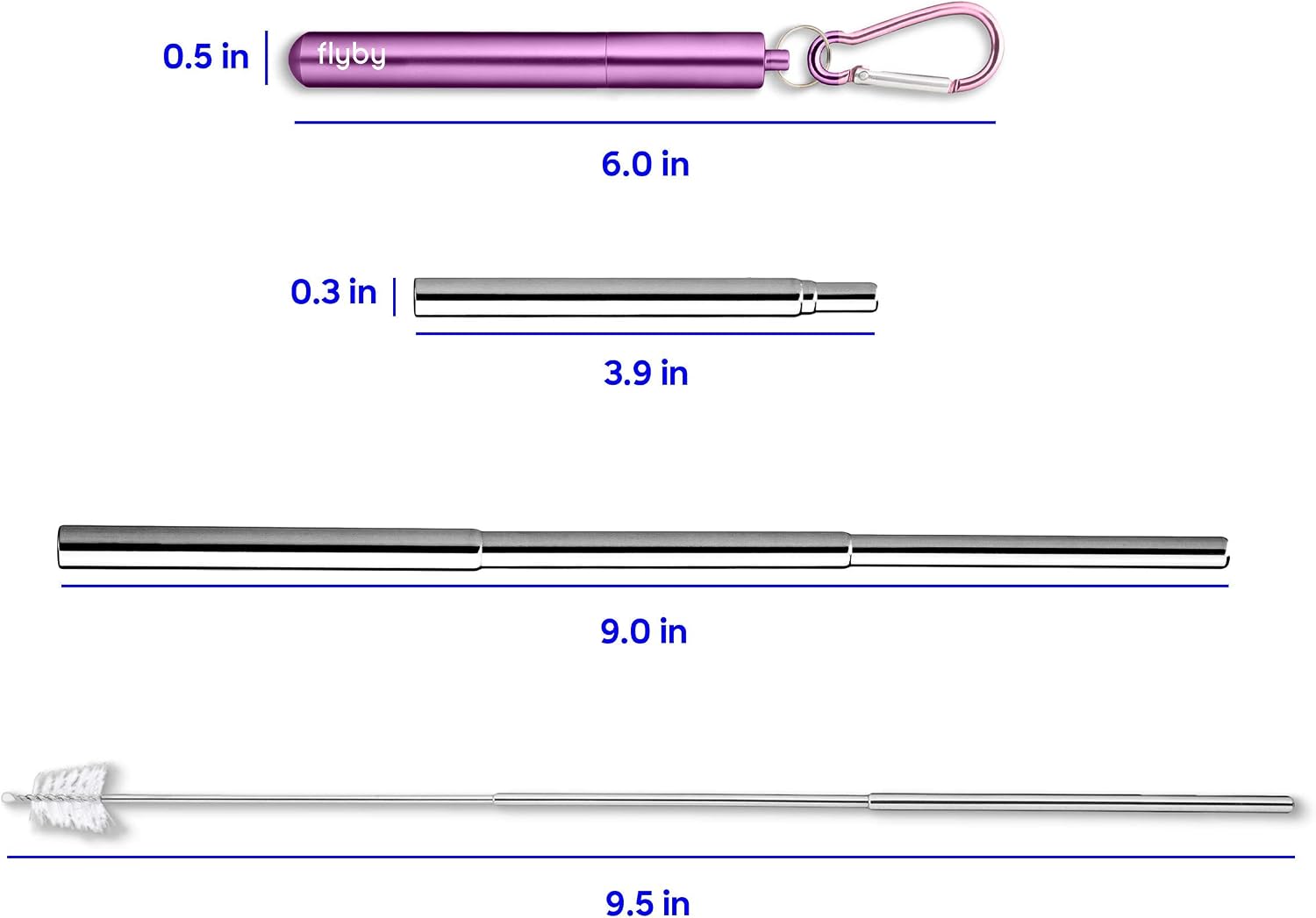 Flyby Portable Reusable Drinking Straws | Collapsible & Foldable Telescopic Stainless Steel Metal Straw Dispenser | Final Aluminum Case, Long Cleaning Brush, Silicone Tip | Purple | 4-Pack