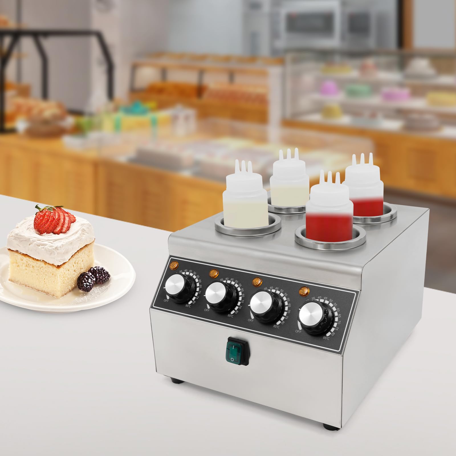 Calentador de salsas eléctrico, 800 W, con 4 botellas de PVC, máquina de calentamiento de salsas de acero inoxidable, 30-85 ℃, para mantener diferentes salsas calientes