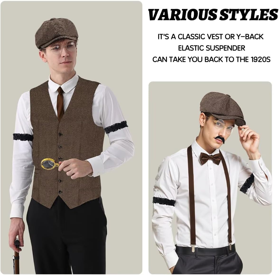 1920s Mens Costume Roaring 20s Costumes Accessories Set 1920s Vest Suspenders Hat Pocket Watch Tie - Image 2