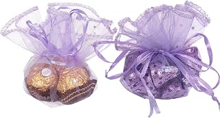 Round Organza Bags, 50pcs 9.8 Inch Sheer Drawstring Jewelry Candy Pouch Christmas Wedding Party Favor Gift Packaging Bags (Light Purple)