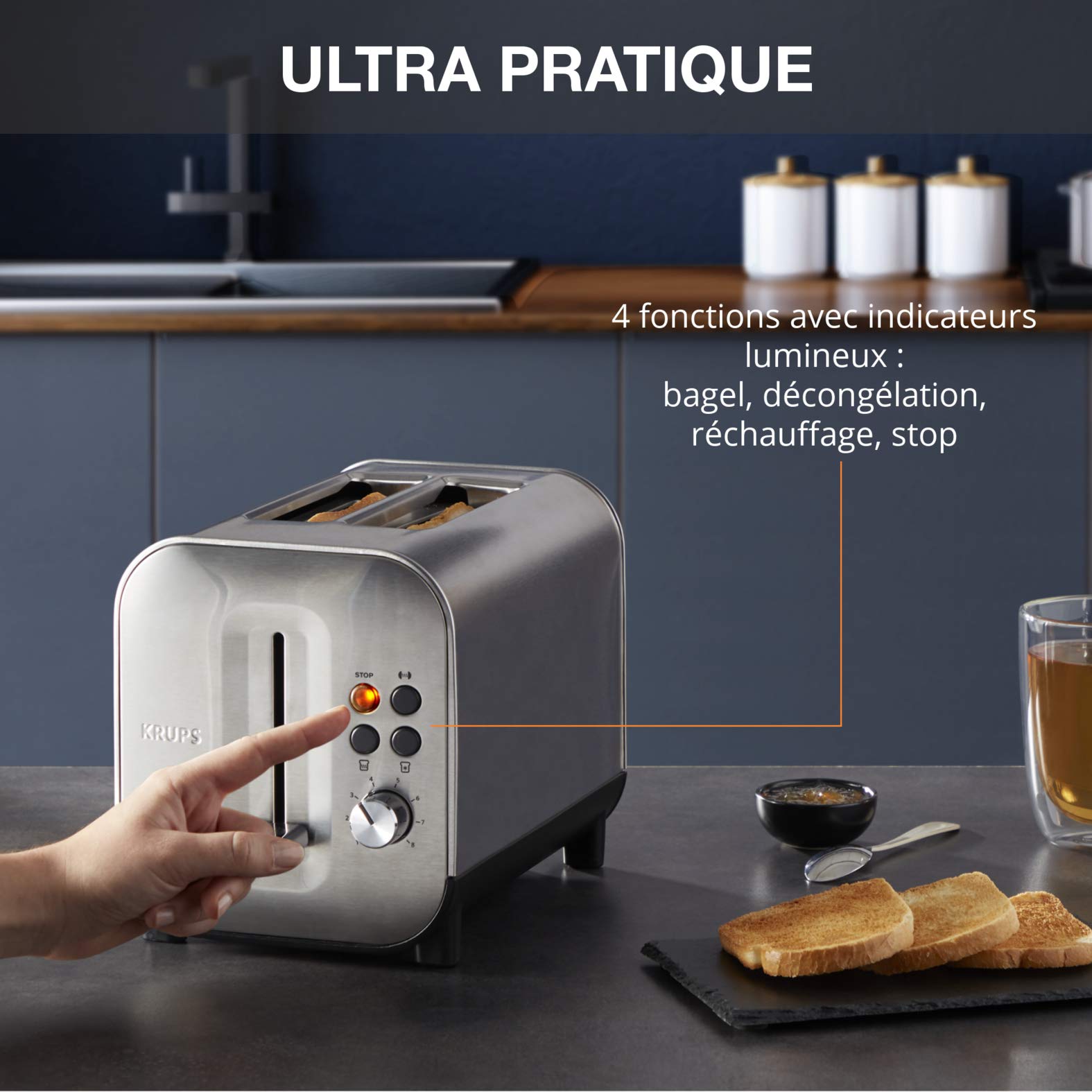 Krups Grille-pain 2 fentes larges, Inox brossé premium, 8 réglages température, Remontée extra-haute, Tiroir ramasse-miettes, Excellence KH682D10
