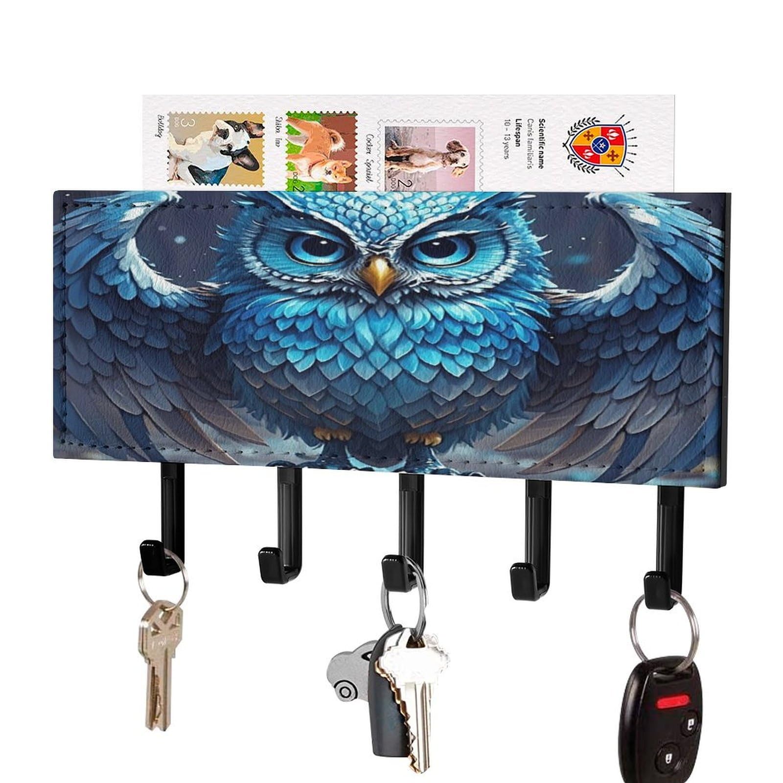 FekiLoot Blue Owl Key Holder for Wall Decorative Mail Organizer with 5 Key Hook Self Adhesive Key Rack with Tray Coat Rack Wall Mount Key Hanger Decor for Entryway Door