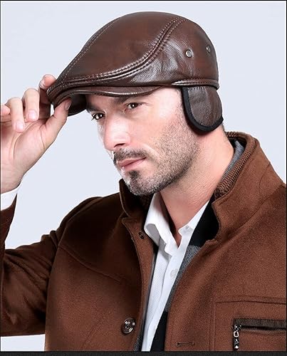 Miniatura 3 de Boinas Sombrero de cuero al aire libre para hombre Invierno Masculino Cálido Oído Protección Cap 100% Cuero Genuino Sombrero Ocio