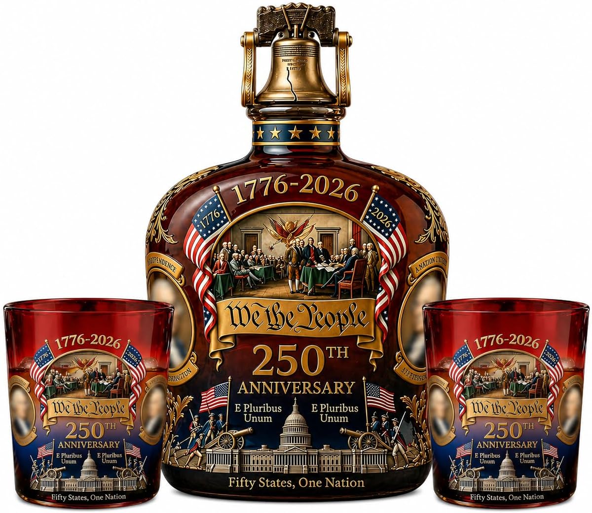 1776–2026 Commemorative Whiskey Decanter, Amber Glass Bar Bottle with Removable Accent Stopper, 350 mL / 11.8 fl oz, Giftable Spirits Display Piece (Wine bottle*1+wine glass*2)