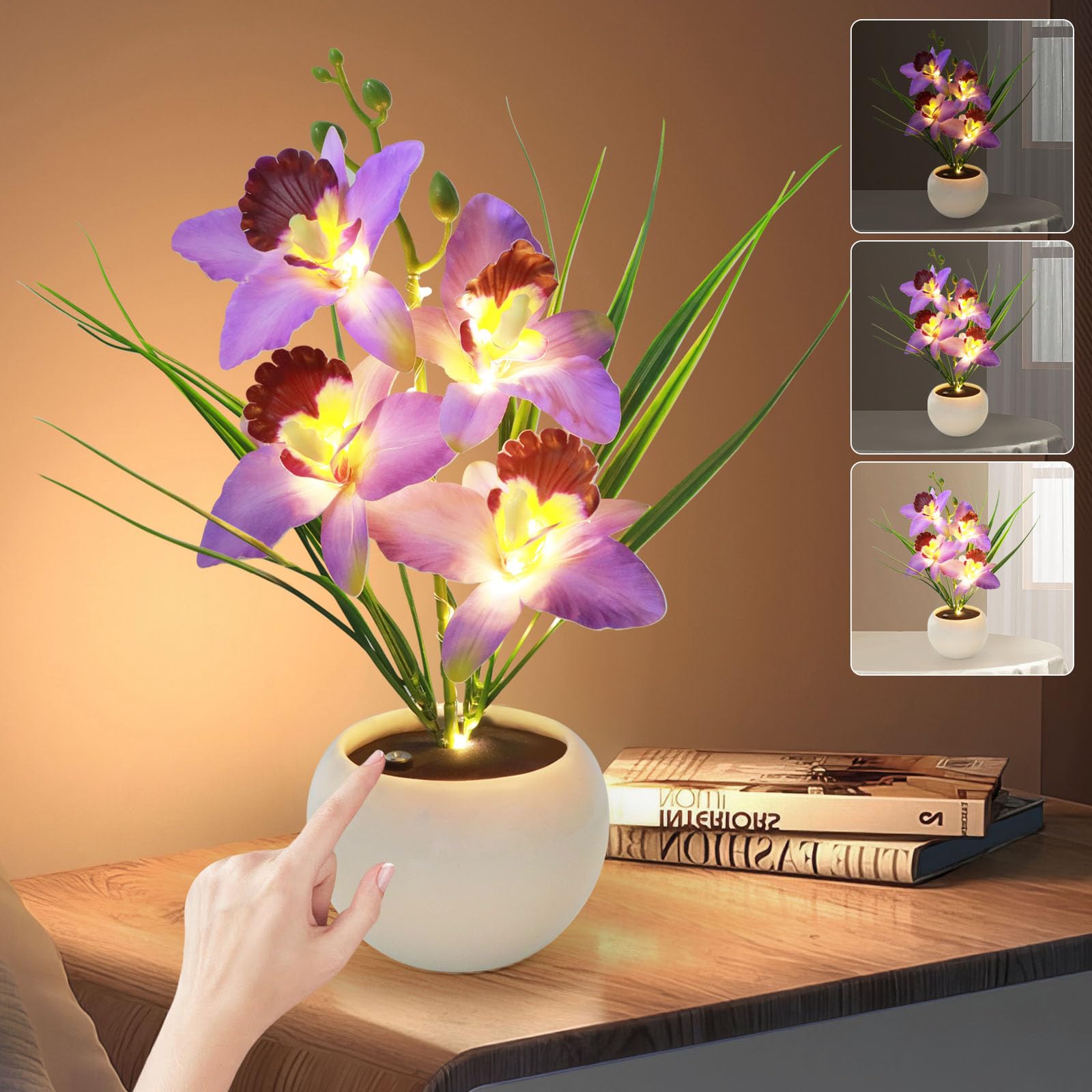 Strackvial Artificial Flower Night Light, Touch Stepless Dimming USB Rechargeable Orchid Flower with Vase Lamp, LED Table Lamp Decorative Landscape Lights for Festival Party Home Decor (Purple) โ image 1