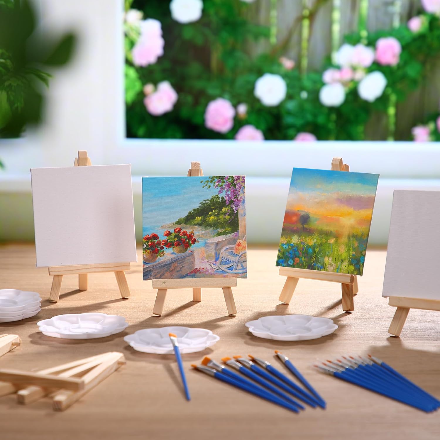MotiMind 150 Pcs 4 x 4 Inch Mini Canvas Boards Panels with Wooden Easel, Palettes, Brushes for Oil Acrylic Painting Crafts Birthday Easter Art Party Favors Craft