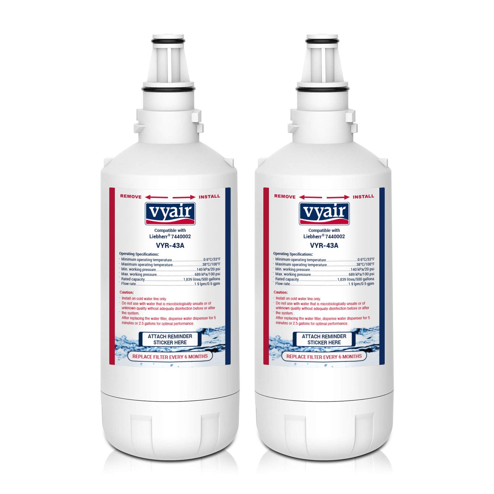 Vyair VYR-43A Fridge Freezer Water Filter Cartridge Compatible with Liebherr 7440002, 53-WF-26LR, 440002, Filter Logic FFL-195LH, CNes 5166-11, CNes 5166-10, CBNes 6256-10 (2)