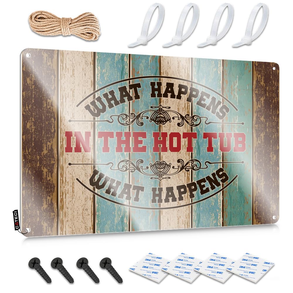 MGHTLCCME Tin Signs What Happens In The Hot Tub Stays In The Tin Sign Tin Signs Camping Rules Decor Signs(30X40CM)