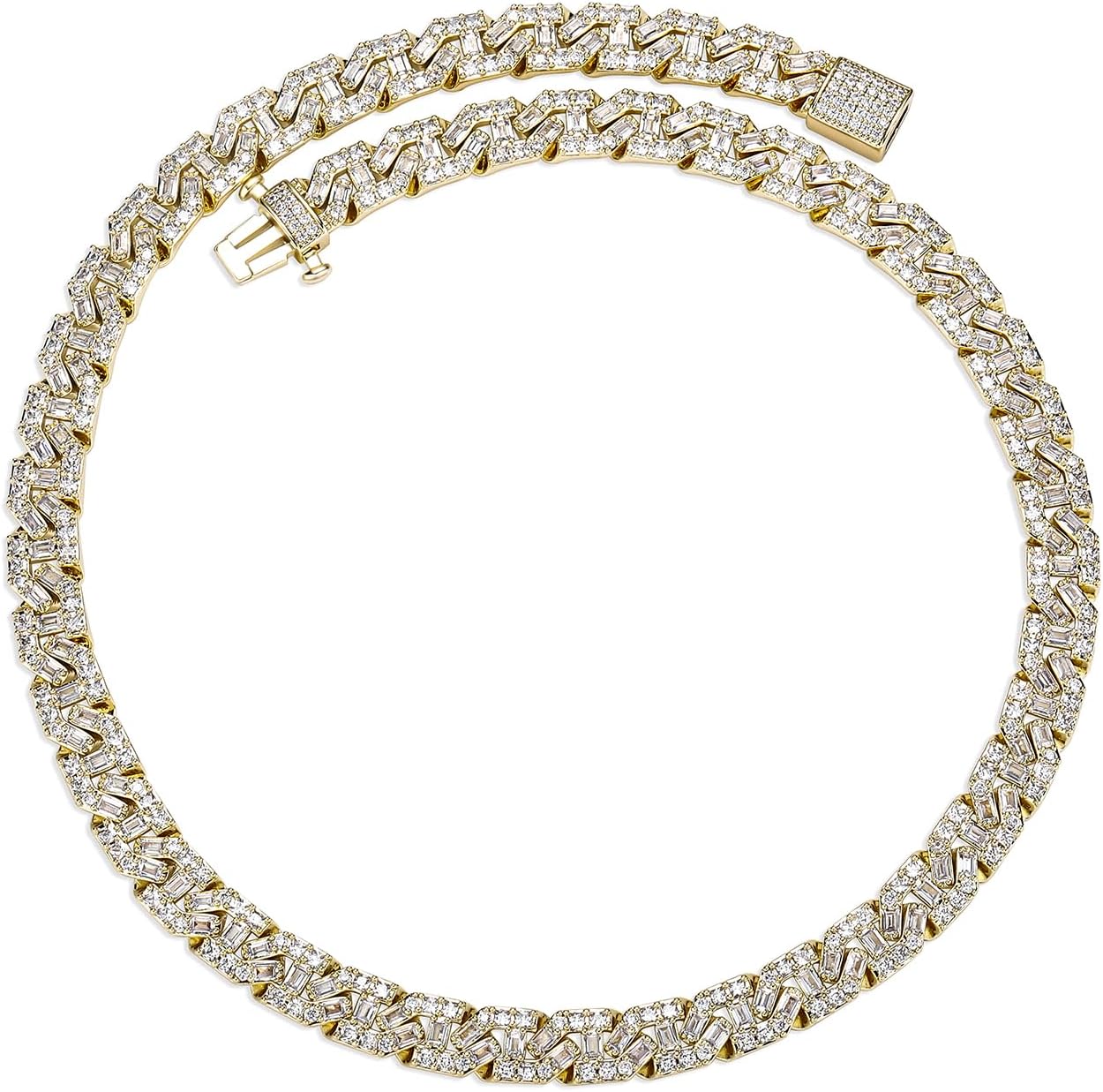 TOPGRILLZ Cuban Link Chain for Men Gold Jewelry Silver Baguette Diamond Miami Choker Necklace for Women 9mm Iced out 14K Gold Plated Gifts for Women