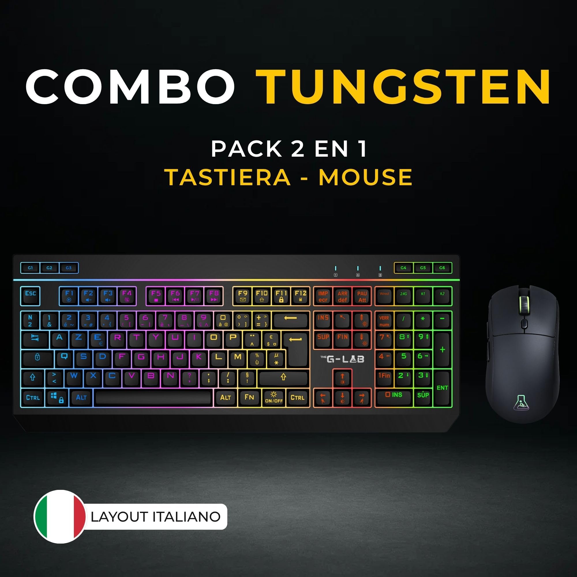 THE G-LAB Combo TUNGSTEN - Tastiera e Mouse Wireless Tripla Connessione 2.4GHz / Bluetooth/USB - Tastiera Gaming ITALIANA, RGB e Macro Custom - Mouse Gaming Wireless 6400 DPI - PC / PS4 / PS5 / XBOX
