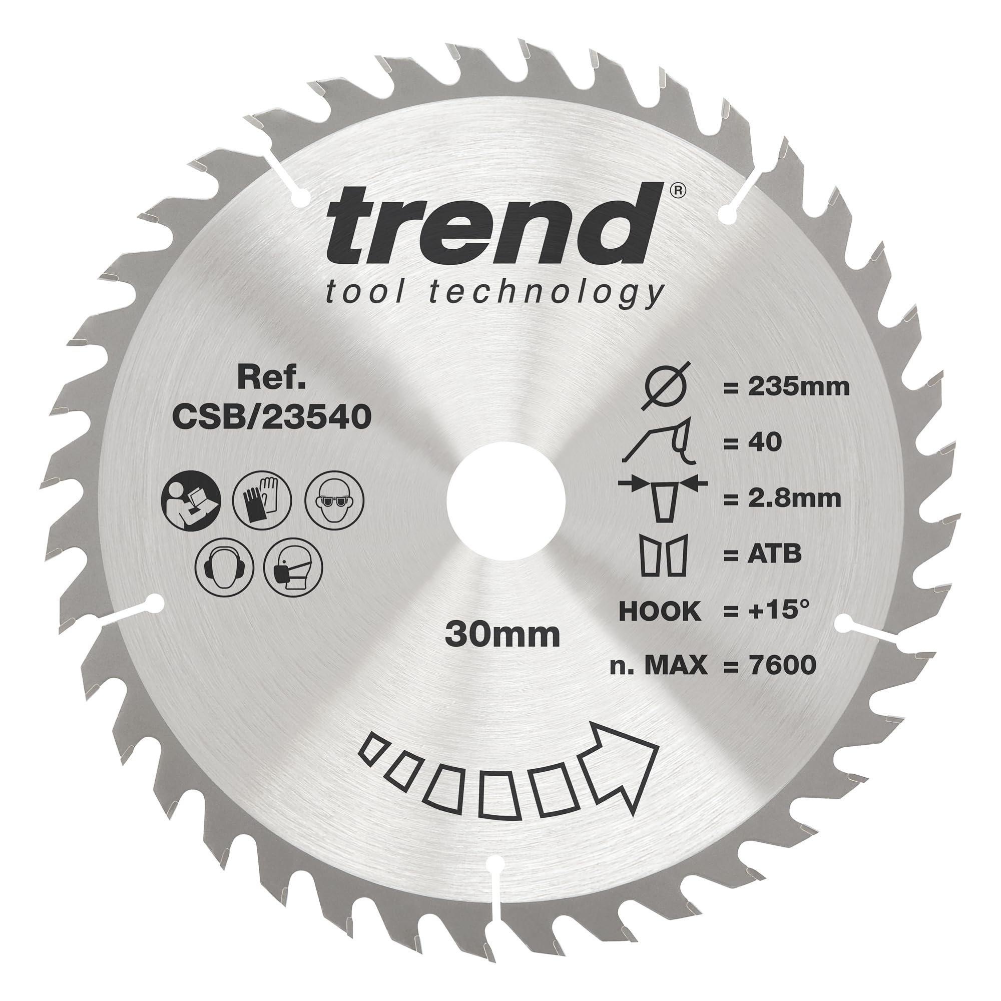Trend 235Mm X 40 Teeth X 30Mm Bore Wood Circular Saw Blade, 235Mm Diameter, 30Mm Bore, 40 Teeth, 2.8Mm Kerf, +15° Hook, Tct, Medium Finish, Csb/23540