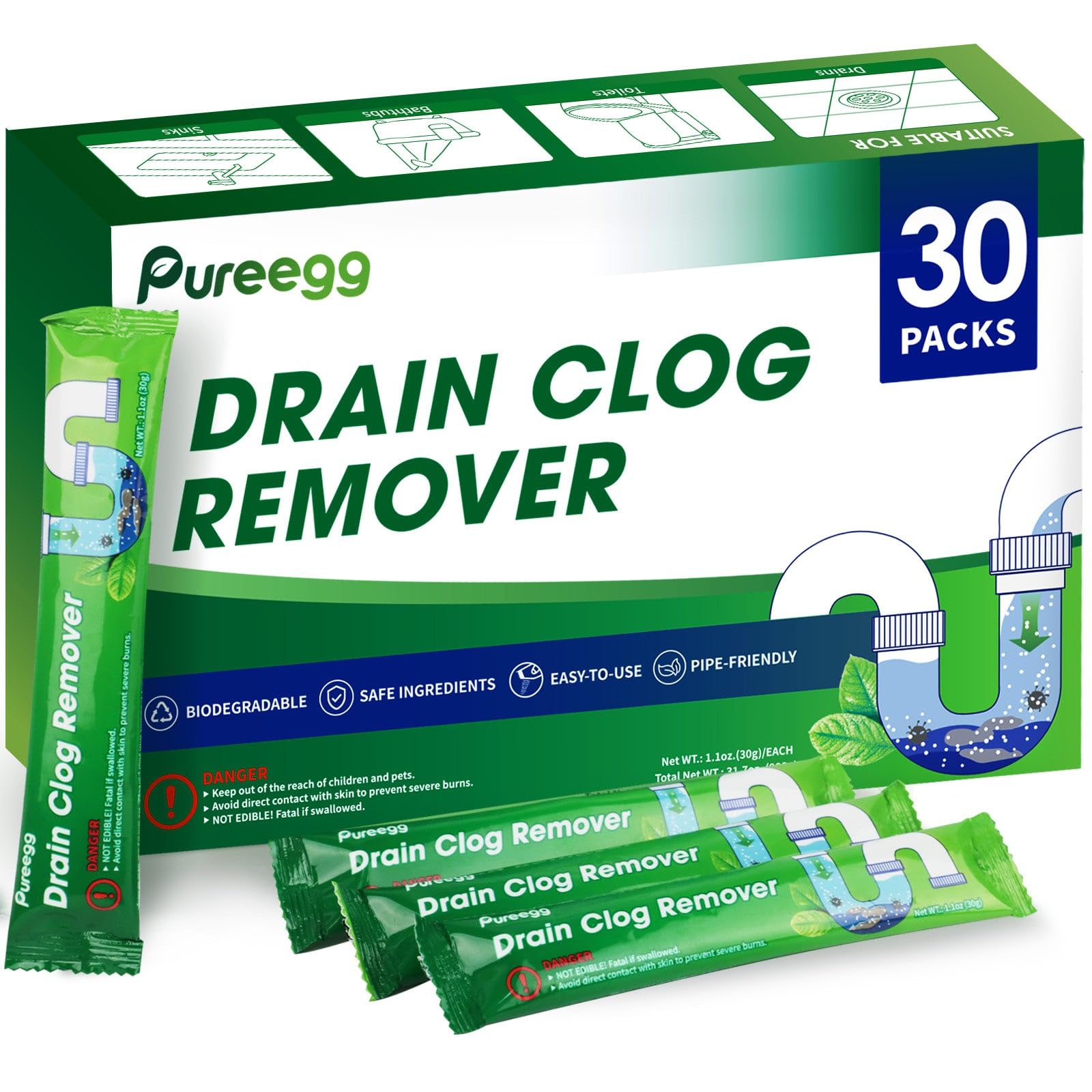 Pureegg Drain Clog Remover - 30 Pack Drain Cleaner Hair Clog Remover, Powerful Sink Drain Cleaner for Clogged Drain, Easy-to-Use Shower Drain Cleaner, Pipe-Friendly Sink Cleaner and Deodorizer