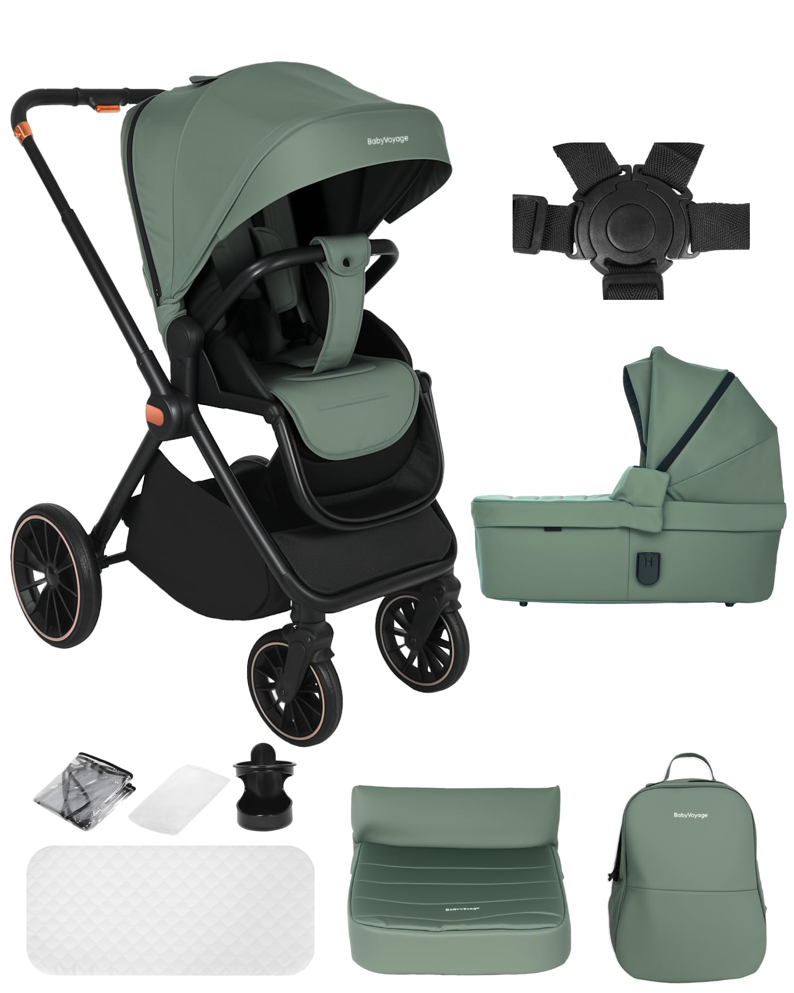Kinderwagen Buggy 2 in 1 0-48 Monate Aluminiumlegierung Vollfederung 5-Punkt-Sicherheitsgurt Zusammenklappbar Grün