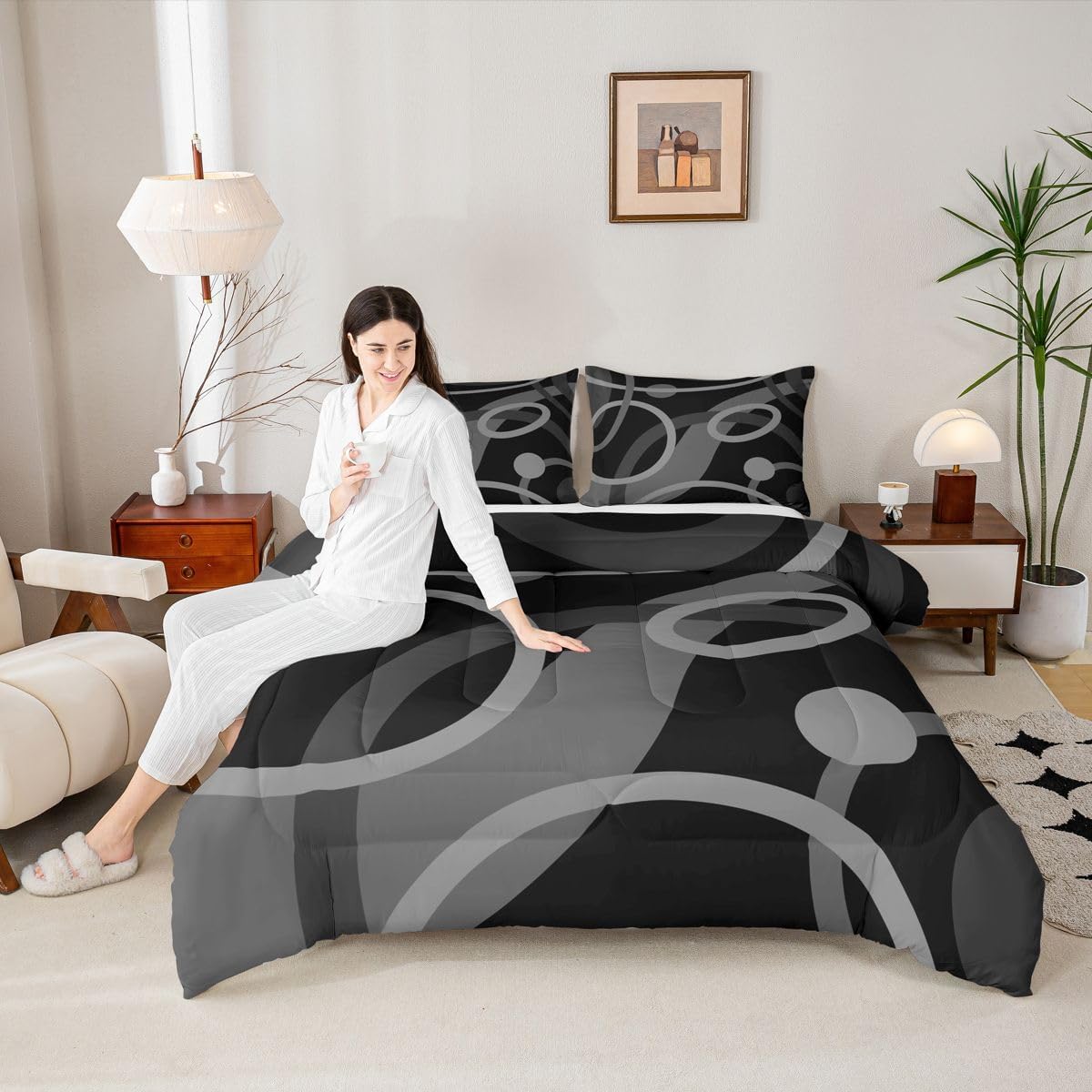jejeloliu Grey Lines Bedding Set Queen Size Kids Geometri Circle Lines Comforter Set Abstract Art Comforter for Room Decor Black Grey Duvet Set with 2 Pillow Cases