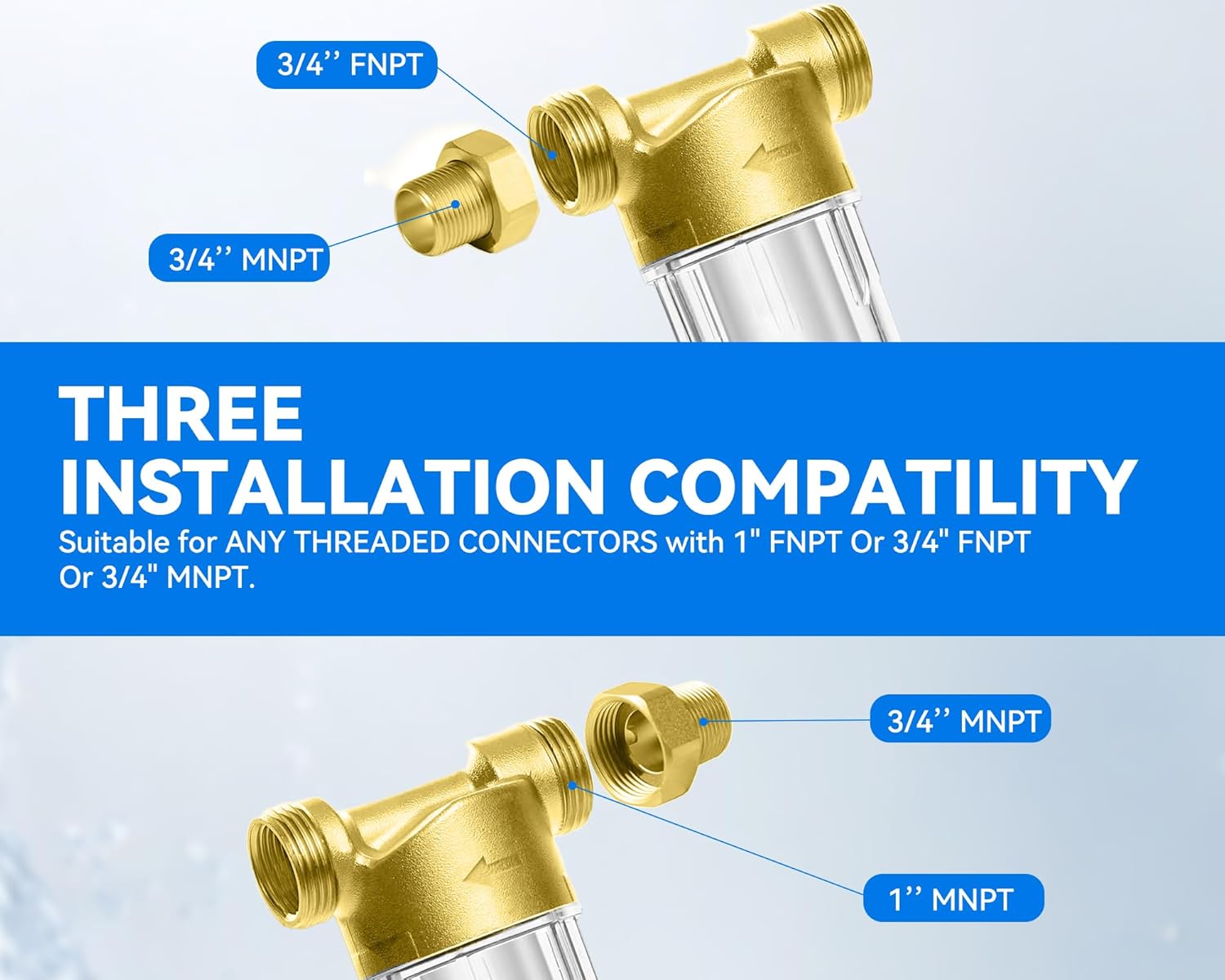 POHIR Spin Down Sediment Filter 40/100/200 Micron, Reusable Water Filter for Whole House Pre-Filtration System, 1" MNPT + 3/4" FNPT + 3/4"MNPT with Sewage Drain Pipe