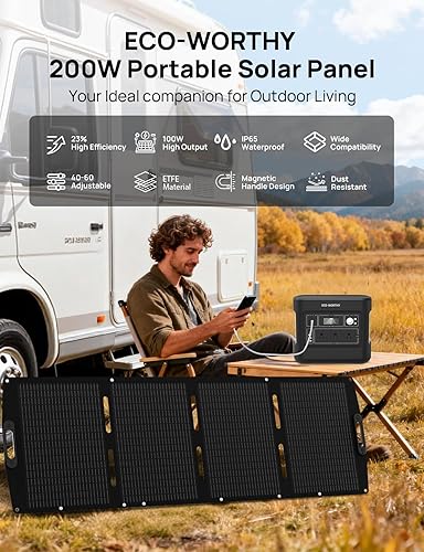 Miniatura 2 de ECO-WORTHY Panel solar portátil de 200 W, cargador de panel solar plegable de 12 BB con soporte ajustable, 23% de alta eficiencia para estación de