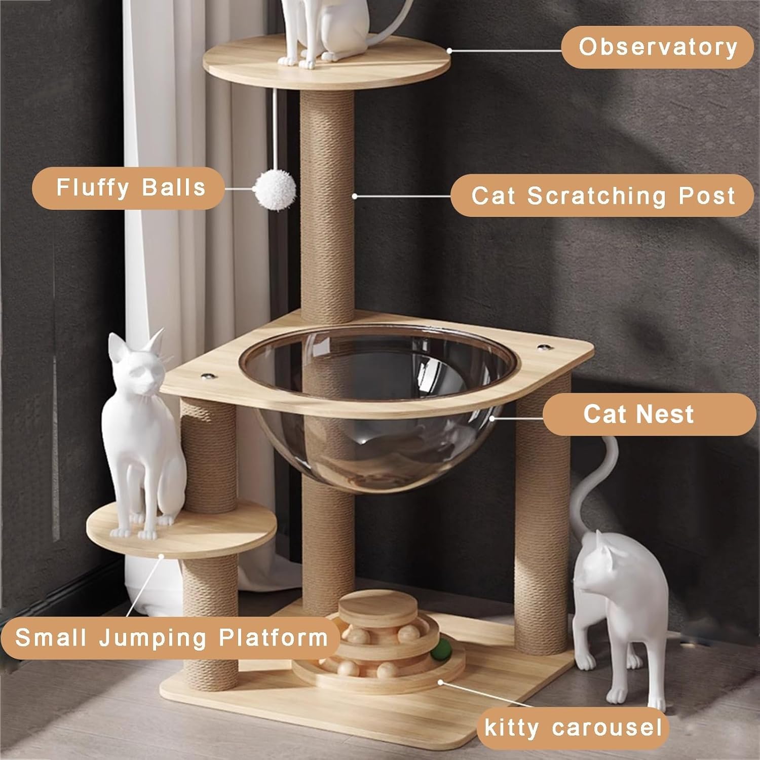 Floor-to-Ceiling 3 Tier Cat Tree 24.7”Tall Indoor Cats Tower with Observation Deck Acrylic Transparent Cat-Nest in Bowl Jumping Platform Solid Bottom with 2 Tier Turntable Balls
