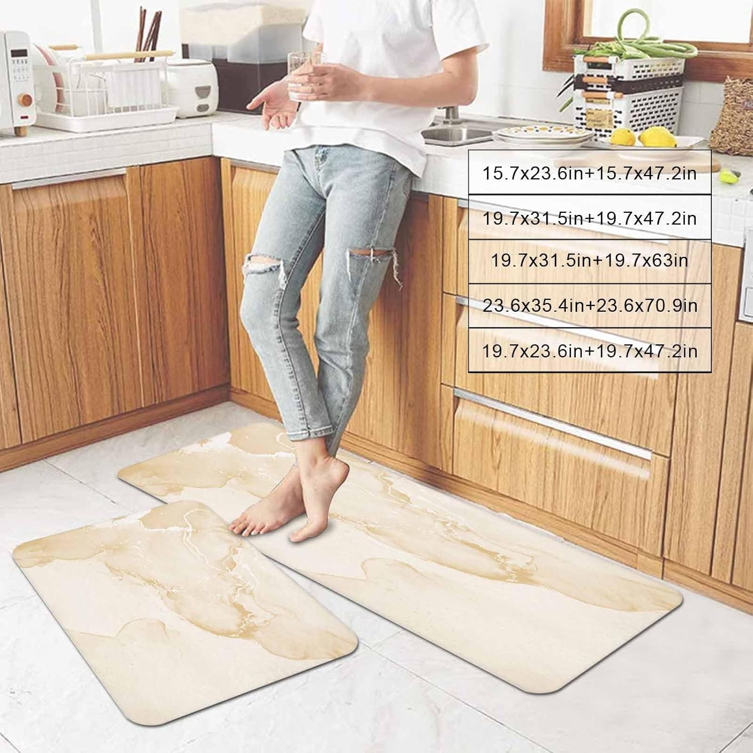 Prime Leader Yellow Abstract Kitchen Mat Set 2 Pieces Silver Marble Ripples Clouds Luxury Fluid Art Non Slip Kitchen Rugs Washable Runner Rug Mats for Sink Laundry (19.7" x 31.5"+19.7" x 63")