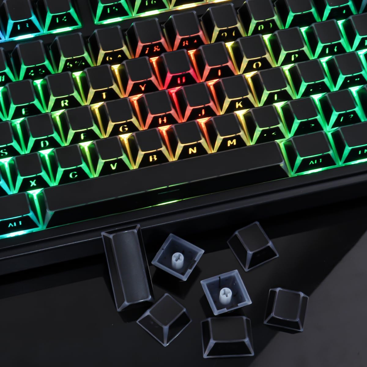 Black Shine Through Keycaps 136 Key Full Set PBT PC Hybrid Translucent Side Printed Cherry Profile for Mechanical Keyboard Gaming RGB Backlit Custom Keycaps with All-Side Light Effect