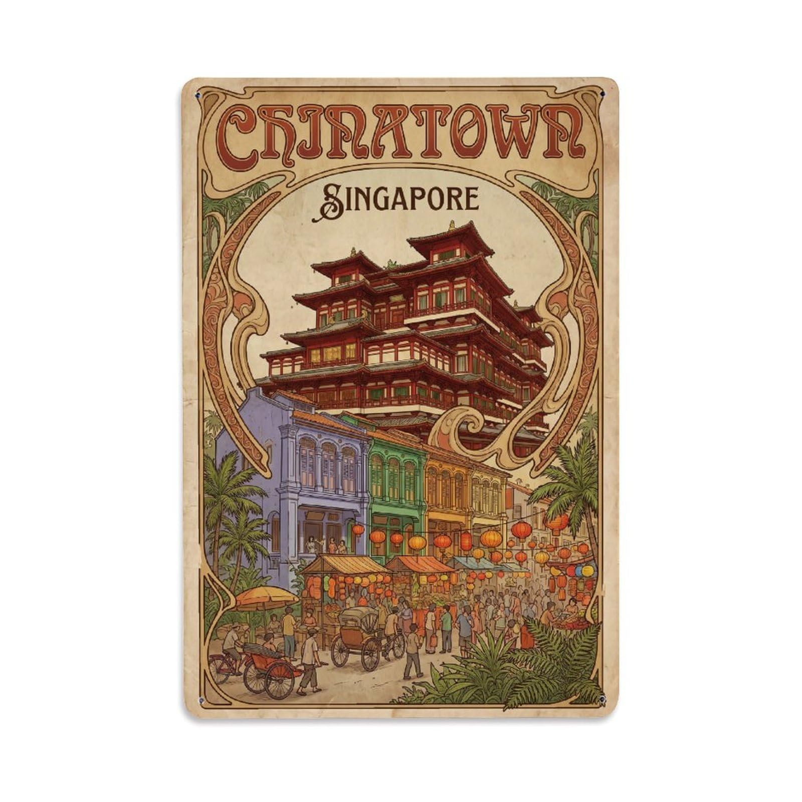 Retro Singapore Chinatown Travel Metal Tin Sign Plaque Wall Decor for Cafe, Club Bar, Office, Garden Metal Poster 8x12Inch