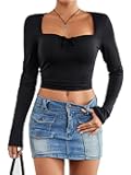 Women's Sexy Deep V Neck Tops Summer 2026 Long Sleeve T-Shirt Slim Fitted Solid Y2K Going Out T Shirts Top Y54