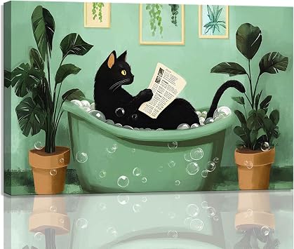 Black Cat Canvas Wall Art for Bathroom Bedroom - Large Eclectic Decor Cut Cat Funny Painting Hang in there Cat Poster Animal Art Picture Prints Modern Black Accents Ready to Hang Stretched 16x24inch