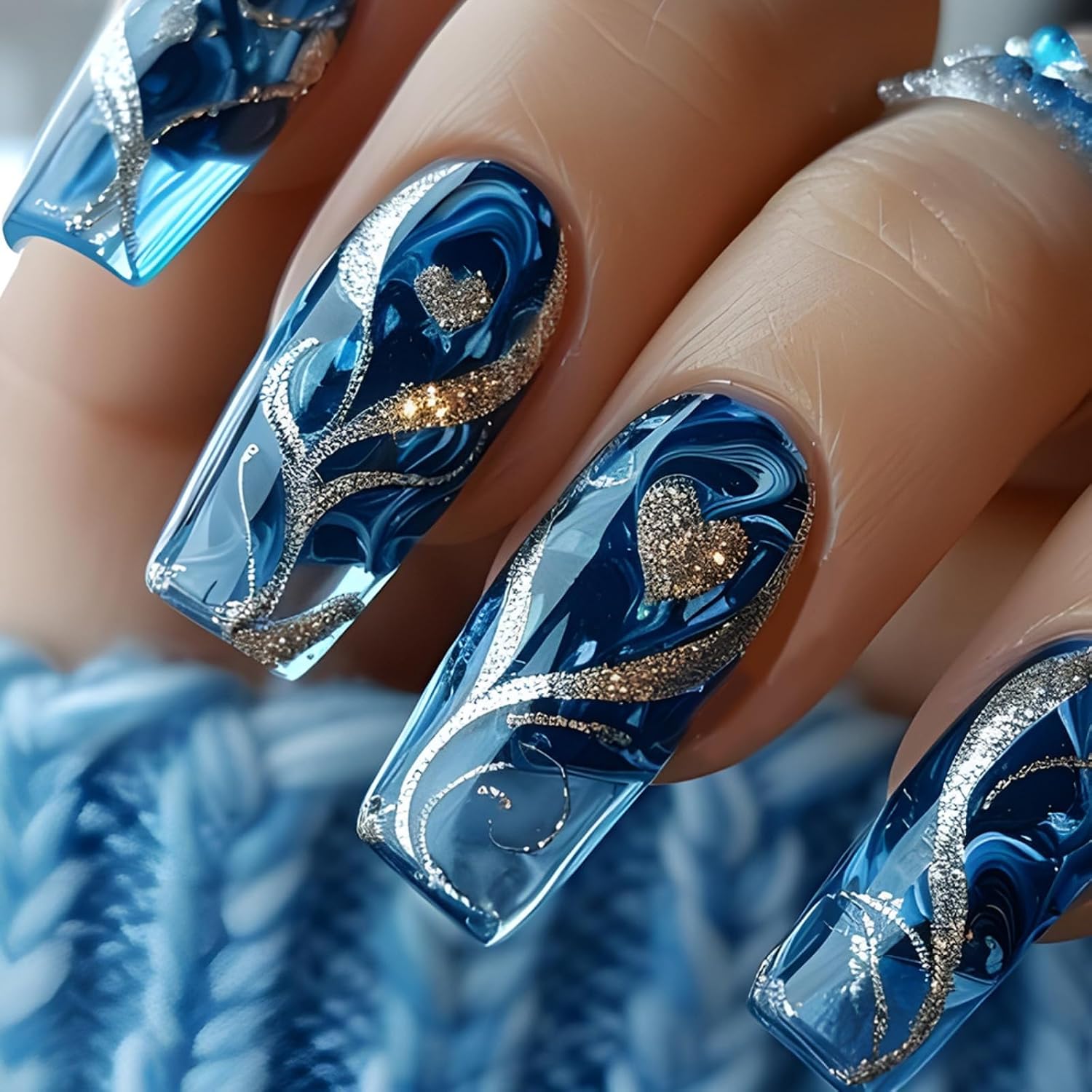 Square Press On Nails Medium Fake Nails Blue False Nails Artificial Nail with Designs Stick on Nail for Women 24pcs