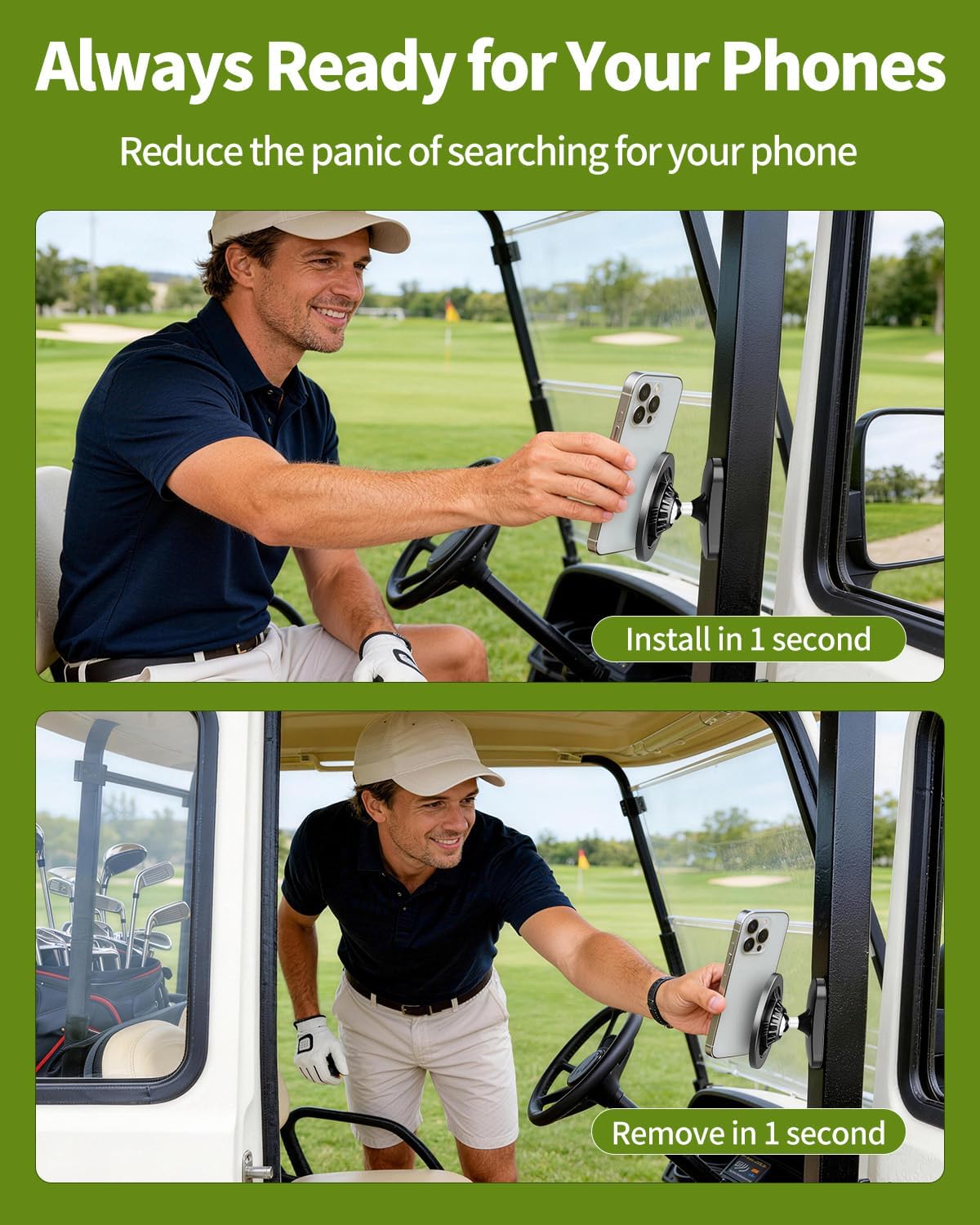 All-Metal Magnetic Golf Cart Phone Holder for iPhone/Samsung/Google, Tool-Free Golf Accessories, Golf Gifts for Men Golfers Dad Husband, Golf Cart Accessories for EZGO/Club Car/Yamaha Golf Cart
