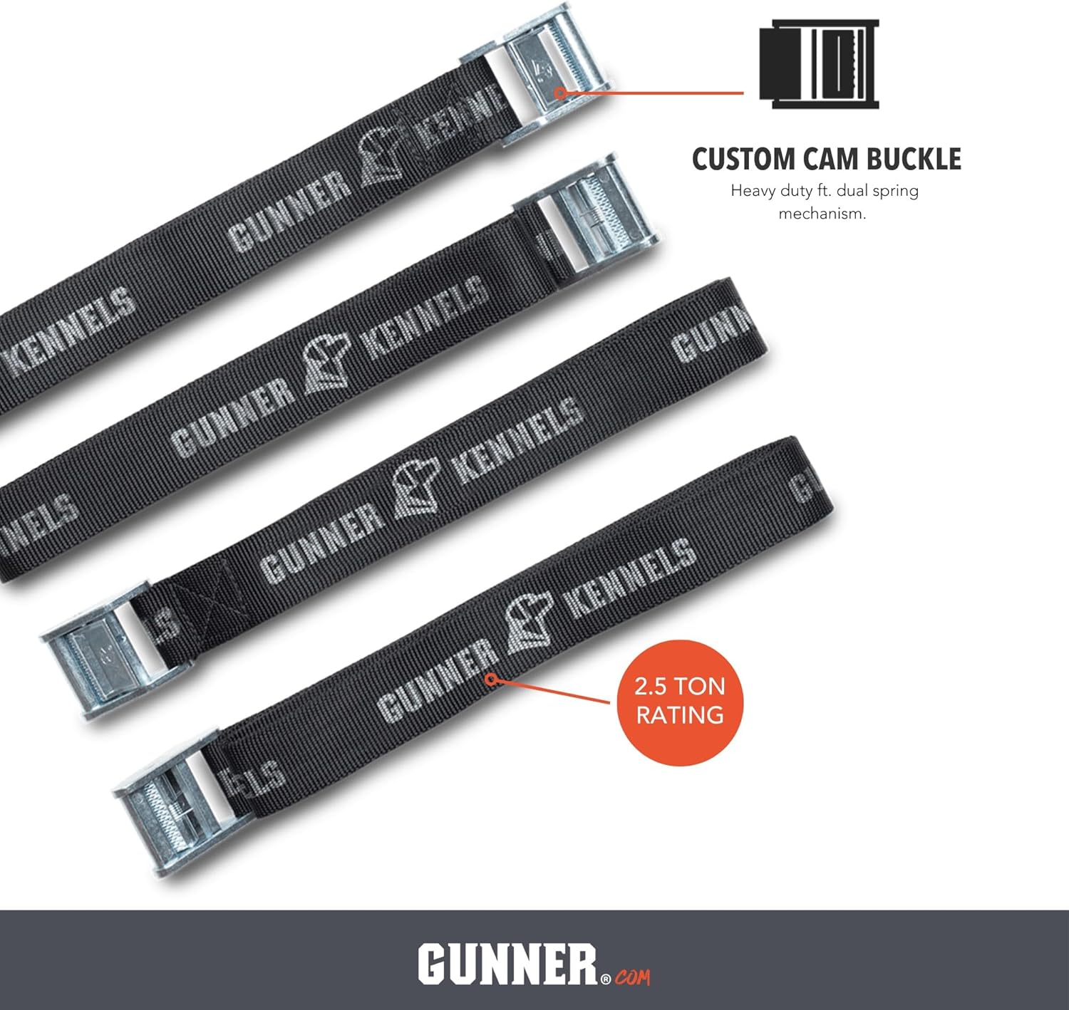 Gunner Tie-Down Strap Kit - Cam Buckle Tie-Down Straps for Dog Crate - Security Straps for Trucks - 5,100 LB Break Strength - Size: Traditional (4) 8 ft (Black)