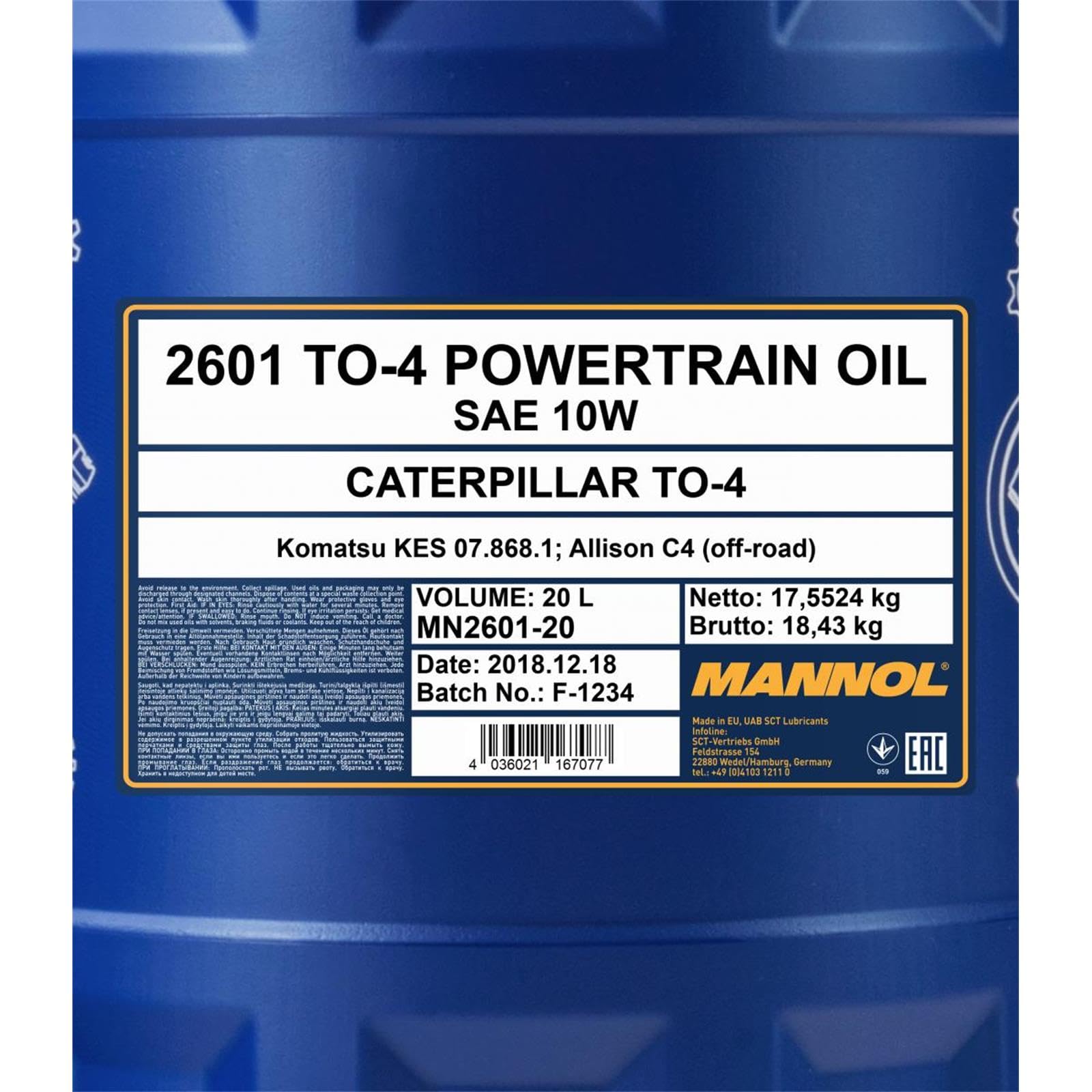 MANNOL 2601 Getriebeöl Hydrauliköl SAE 10W, CAT TO-4, Allison C4, 20L | Getriebehydrauliköl für Bau, Bergbau, Landwirtschaft, fließfähig bis -30°C, schützt Bremsen und Kupplungen vor Verschleiß