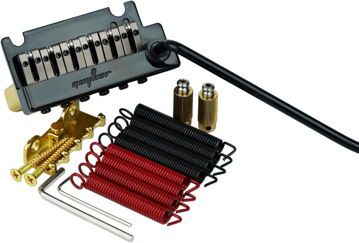Guyker Guitar Tremolo Bridge String Spacing 10.8MM with Brass Roller Saddle and Brass Block & Bridge Stud, Spring and Claw, Pop-In Vibrato Bar, Complete Install Kit, GG1009-T Black
