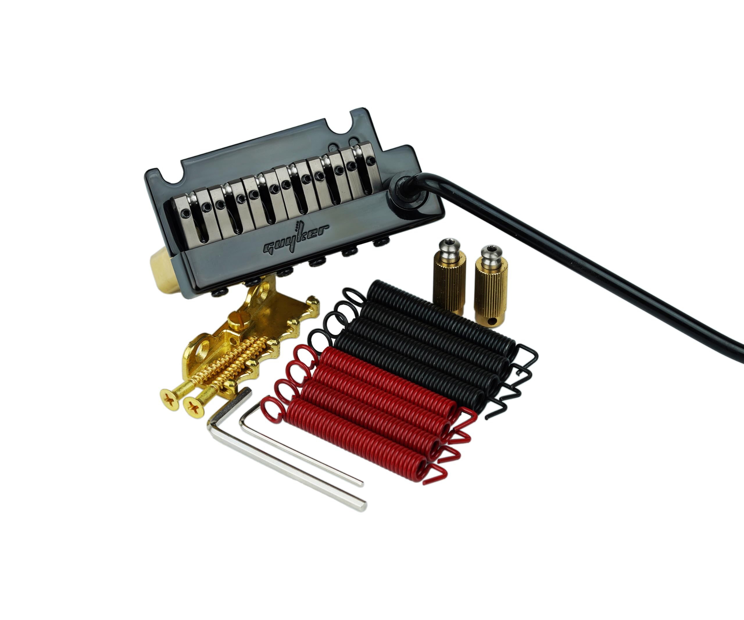 Guyker Mostek do gitary z tremolo, rozstaw strun 10,8MM z mosiężnym wałkiem, mosiężnym blokiem i śrubą mostka, sprężyną i szponą, pop-in wibrato, kompletny zestaw instalacyjny, GG1009-T Czarny