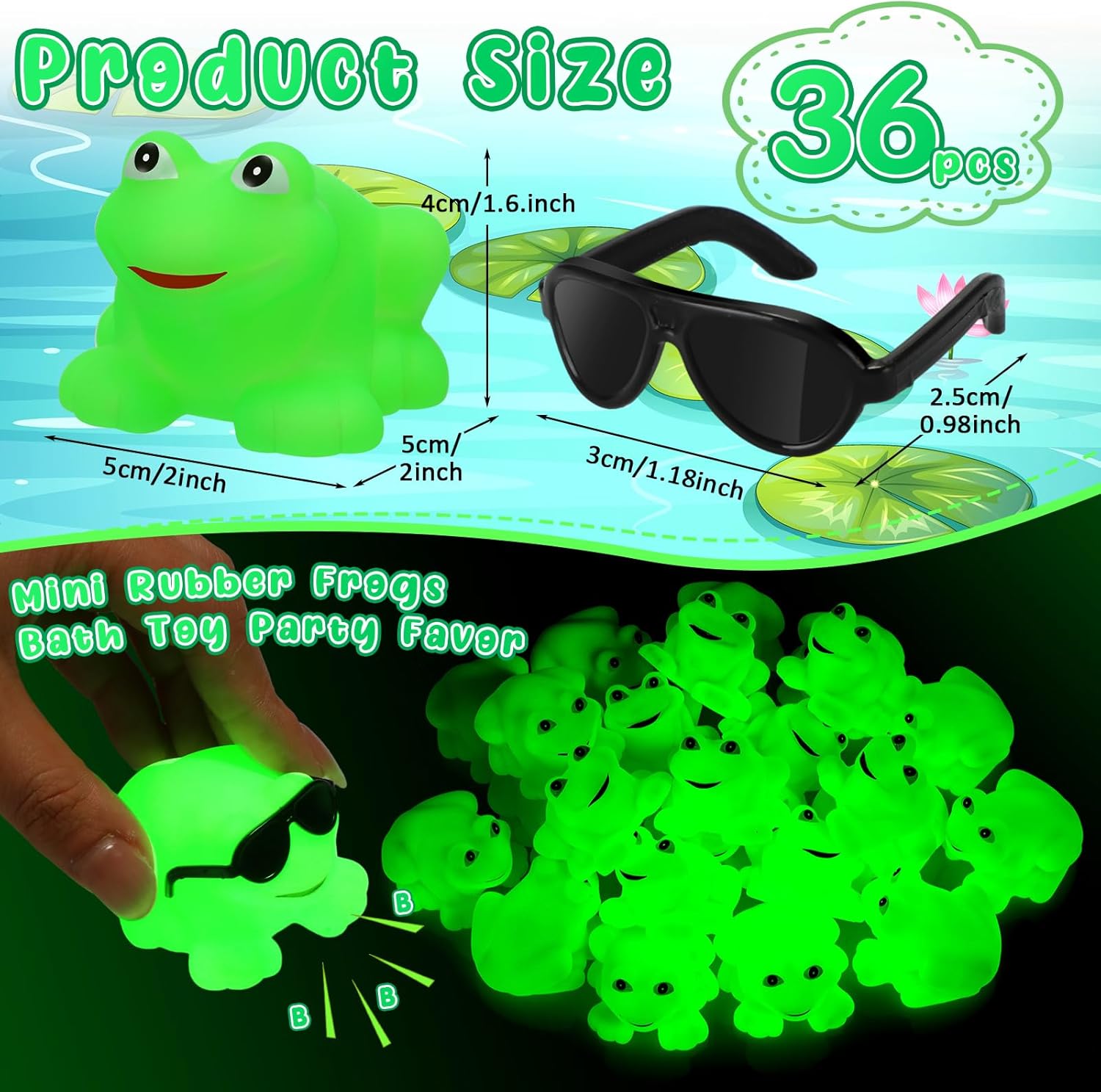 Halloscume 36 Pack Rubber Frogs Squeak and Floating Mini Glow in The Dark Frogs with Glasses Cute Swimming Bathtub Toy for Spring Party Favor